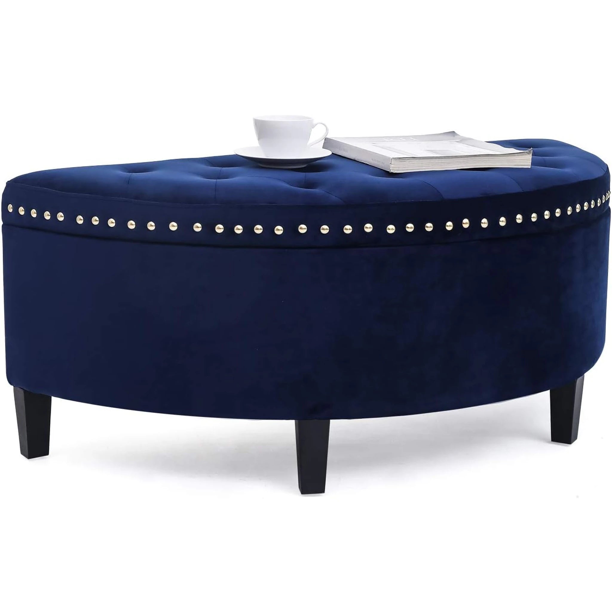 Homebeez Navy Blue Lift-Top Tufted Faux Leather Storage Ottoman Bench – detail and materials view