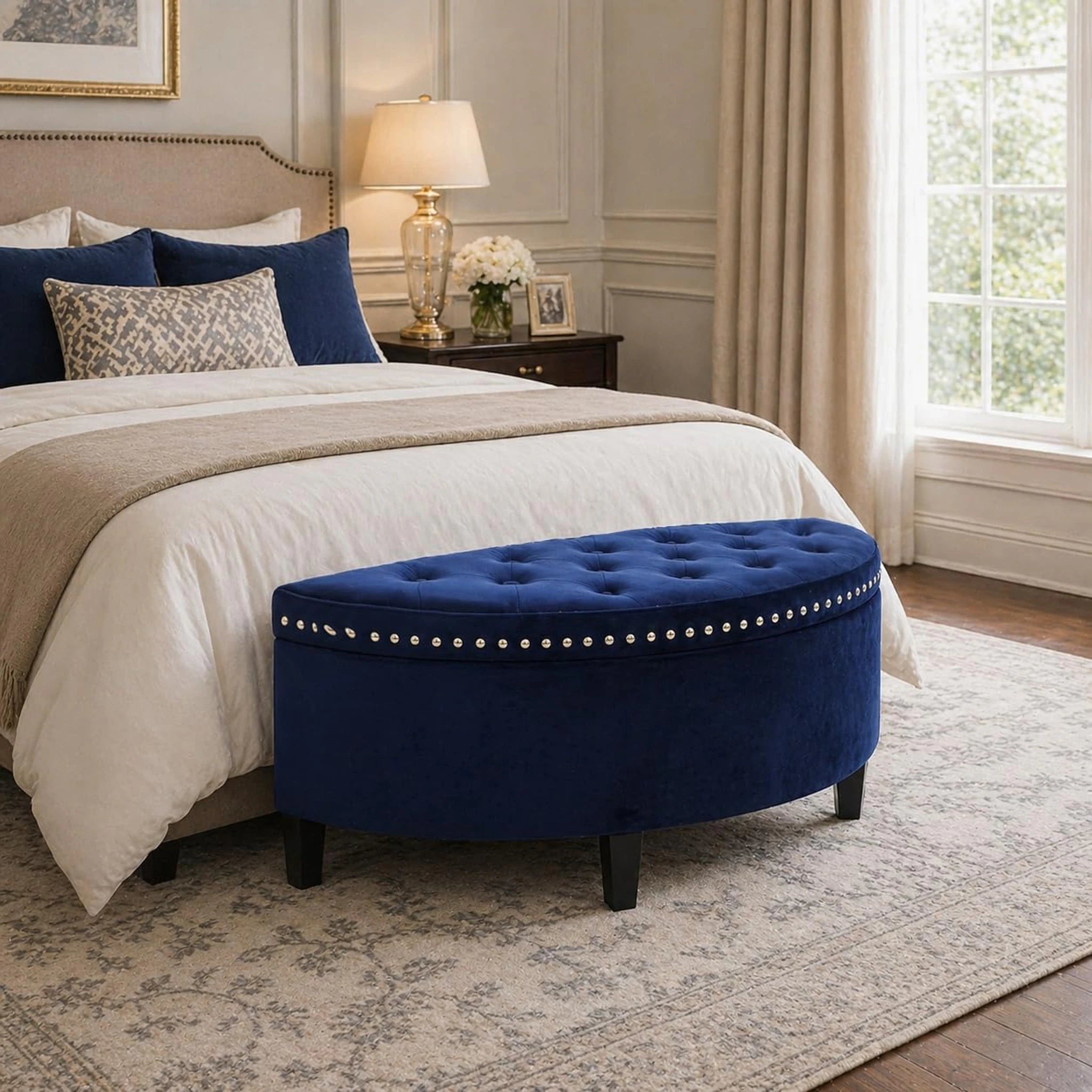 Homebeez Navy Blue Lift-Top Tufted Faux Leather Storage Ottoman Bench – lifestyle room view