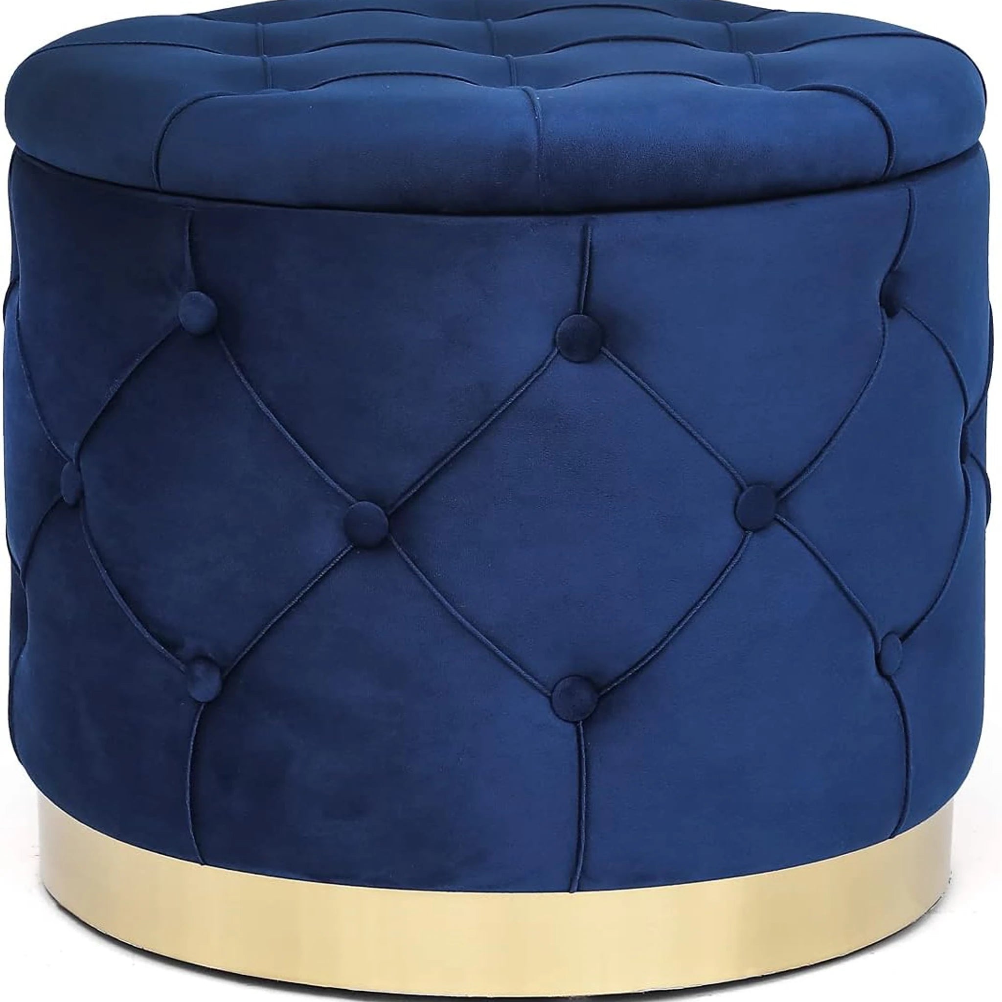Homebeez Navy Blue Tufted Velvet Round Storage Ottoman – styled home scene