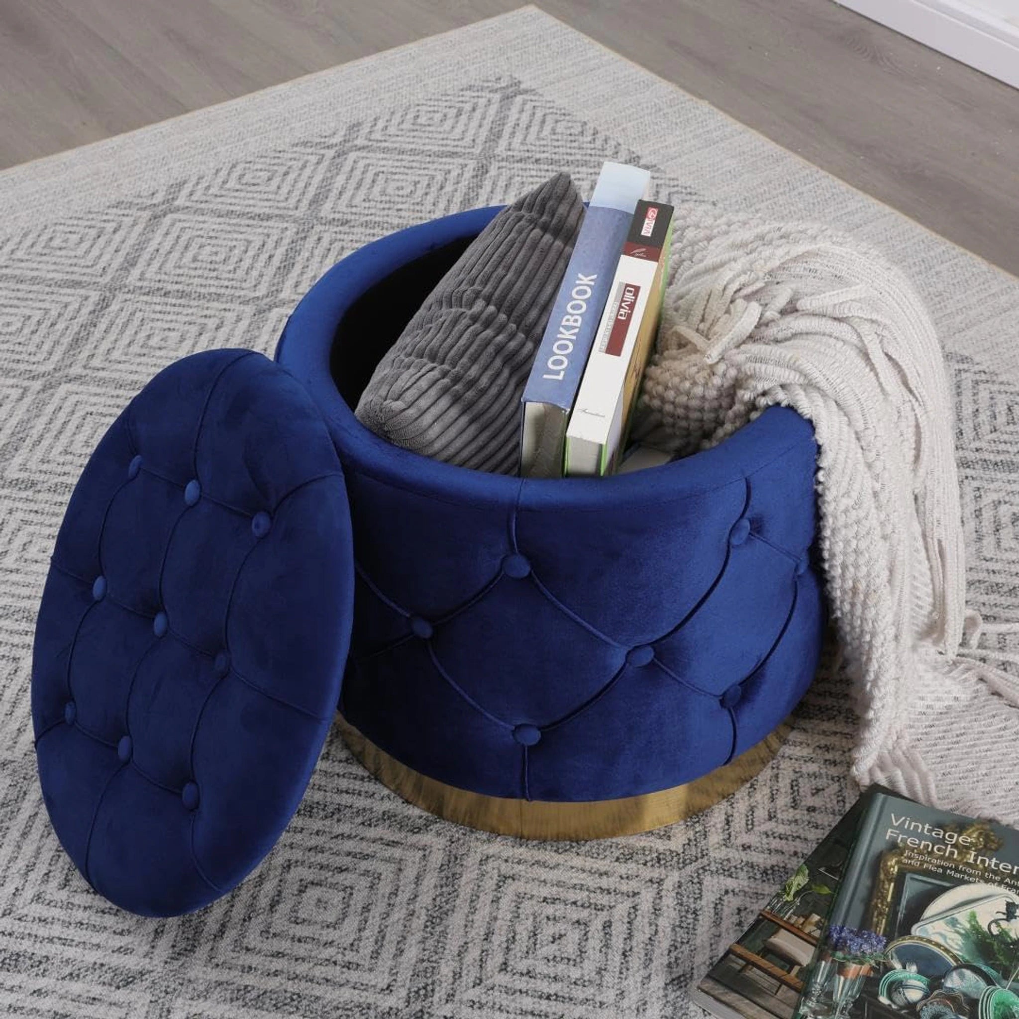 Homebeez Navy Blue Tufted Velvet Round Storage Ottoman – detail and materials view