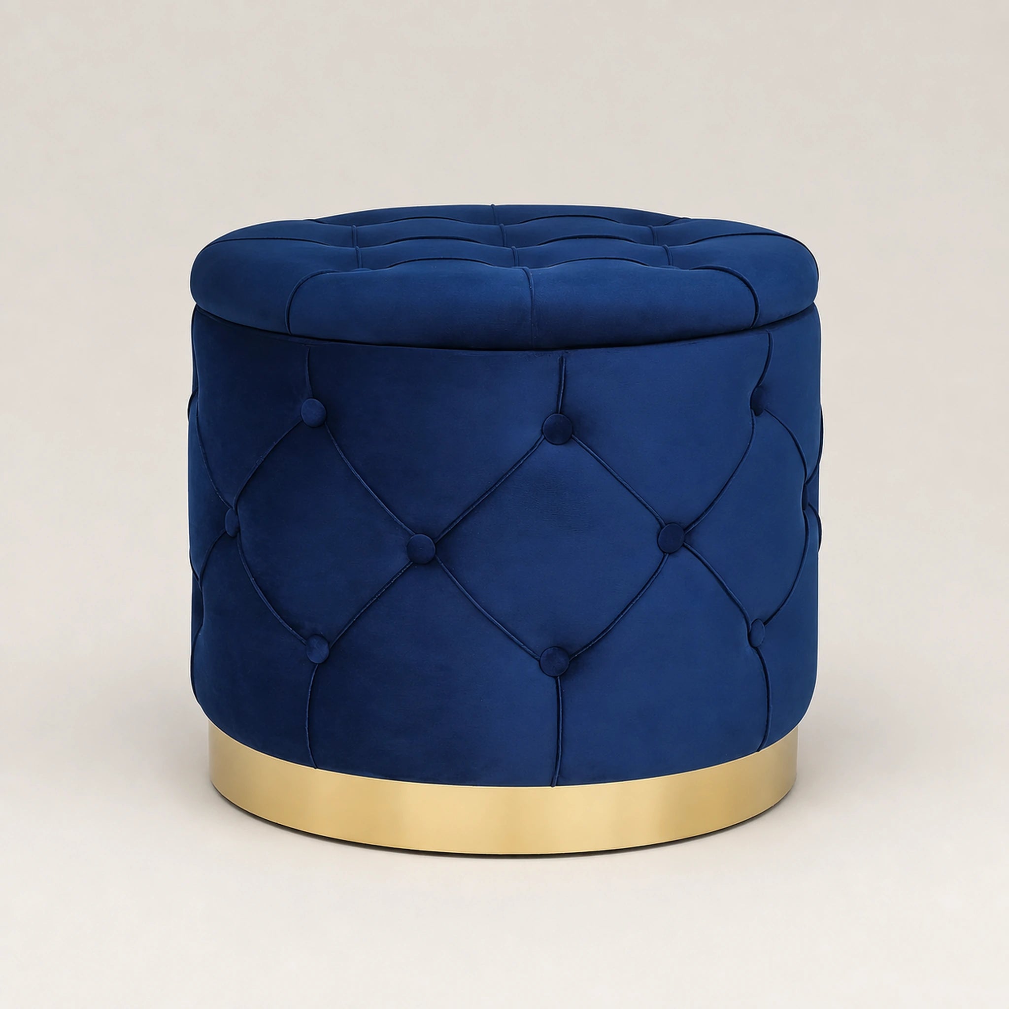 Beringia Navy Blue velvet 19-inch storage ottoman – warm studio front view