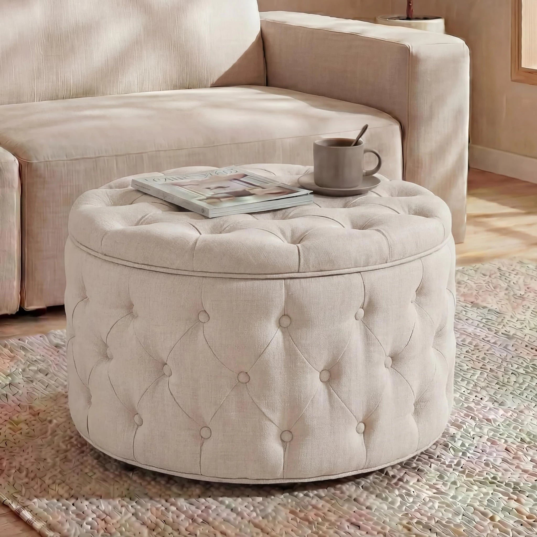 Homebeez Oatmeal Linen Round Storage Ottoman – styled home scene