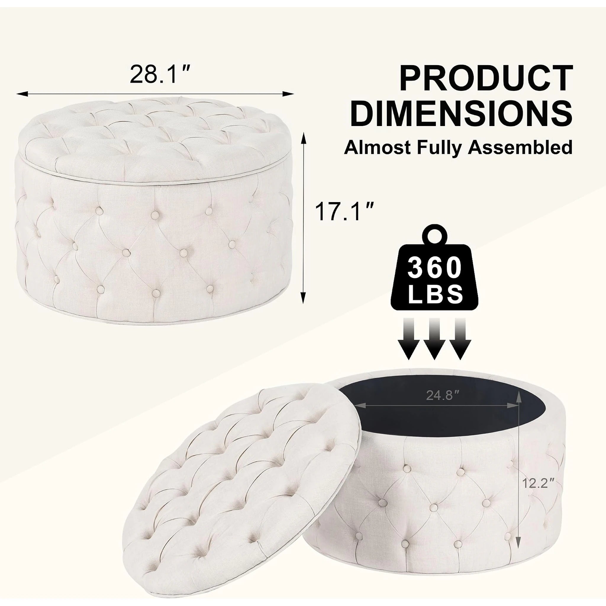 Homebeez Oatmeal Linen Round Storage Ottoman – dimensions chart