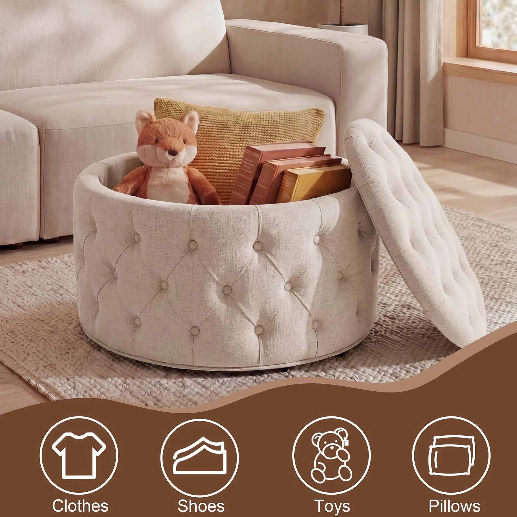Homebeez Oatmeal Linen Round Storage Ottoman – lifestyle room view