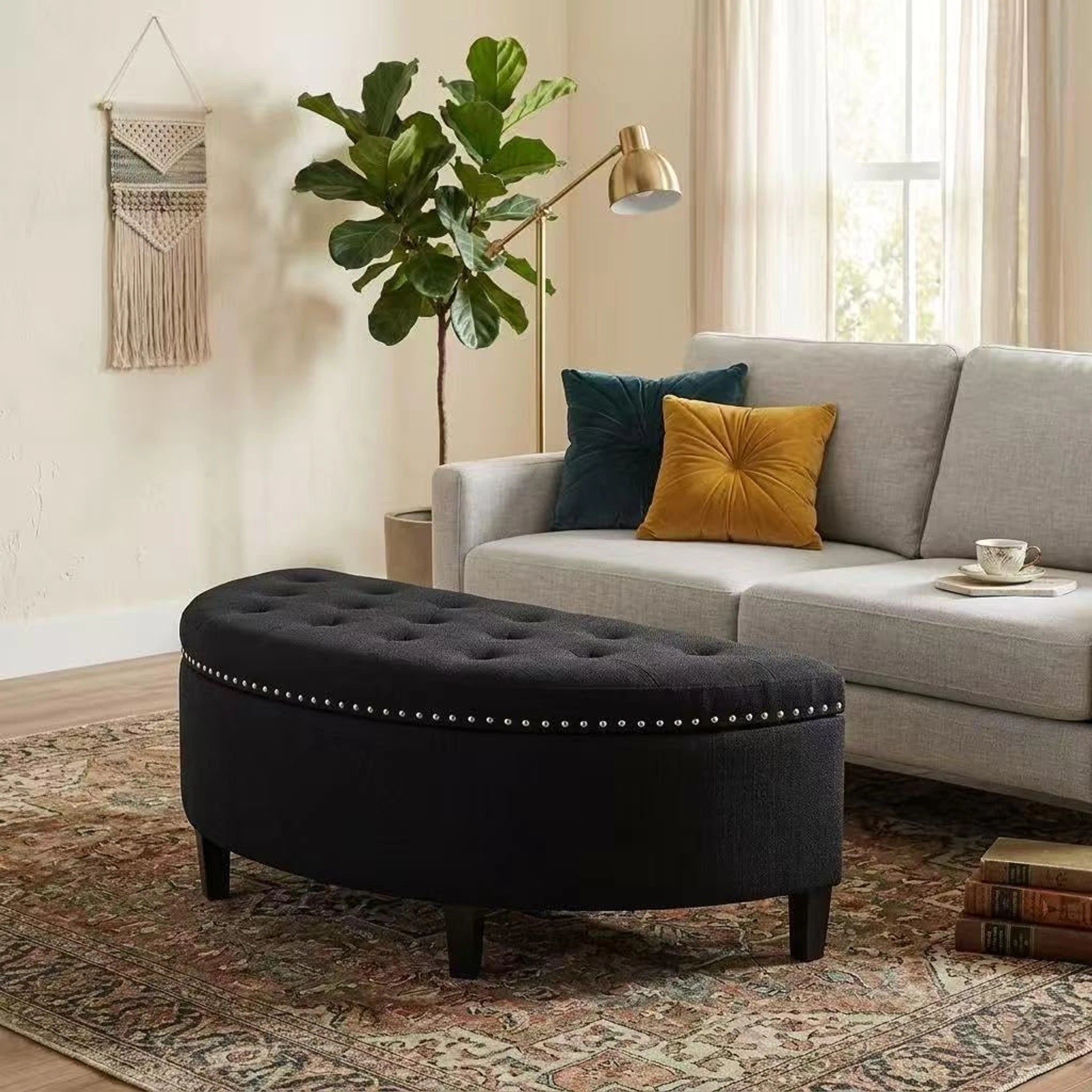 Homebeez Pure Black Lift-Top Tufted Faux Leather Storage Ottoman Bench – styled home scene
