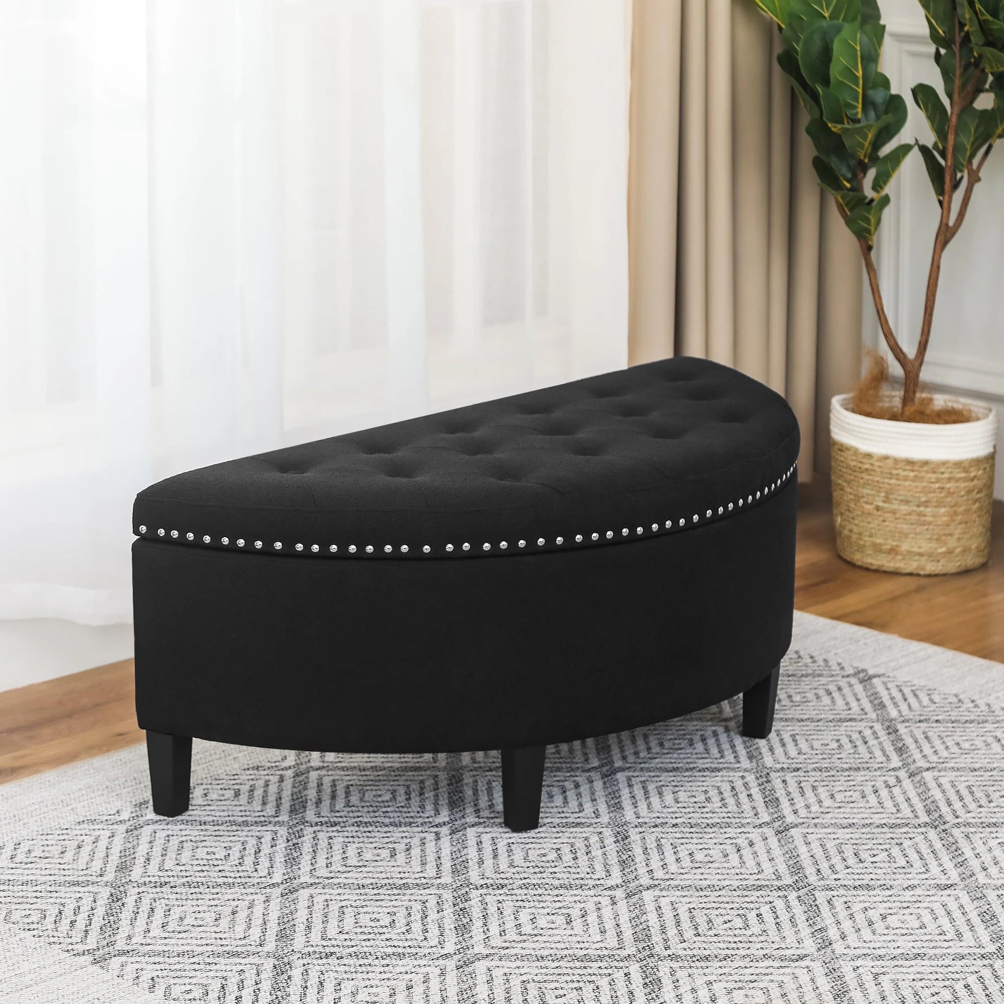 Homebeez Pure Black Lift-Top Tufted Faux Leather Storage Ottoman Bench – lifestyle room view