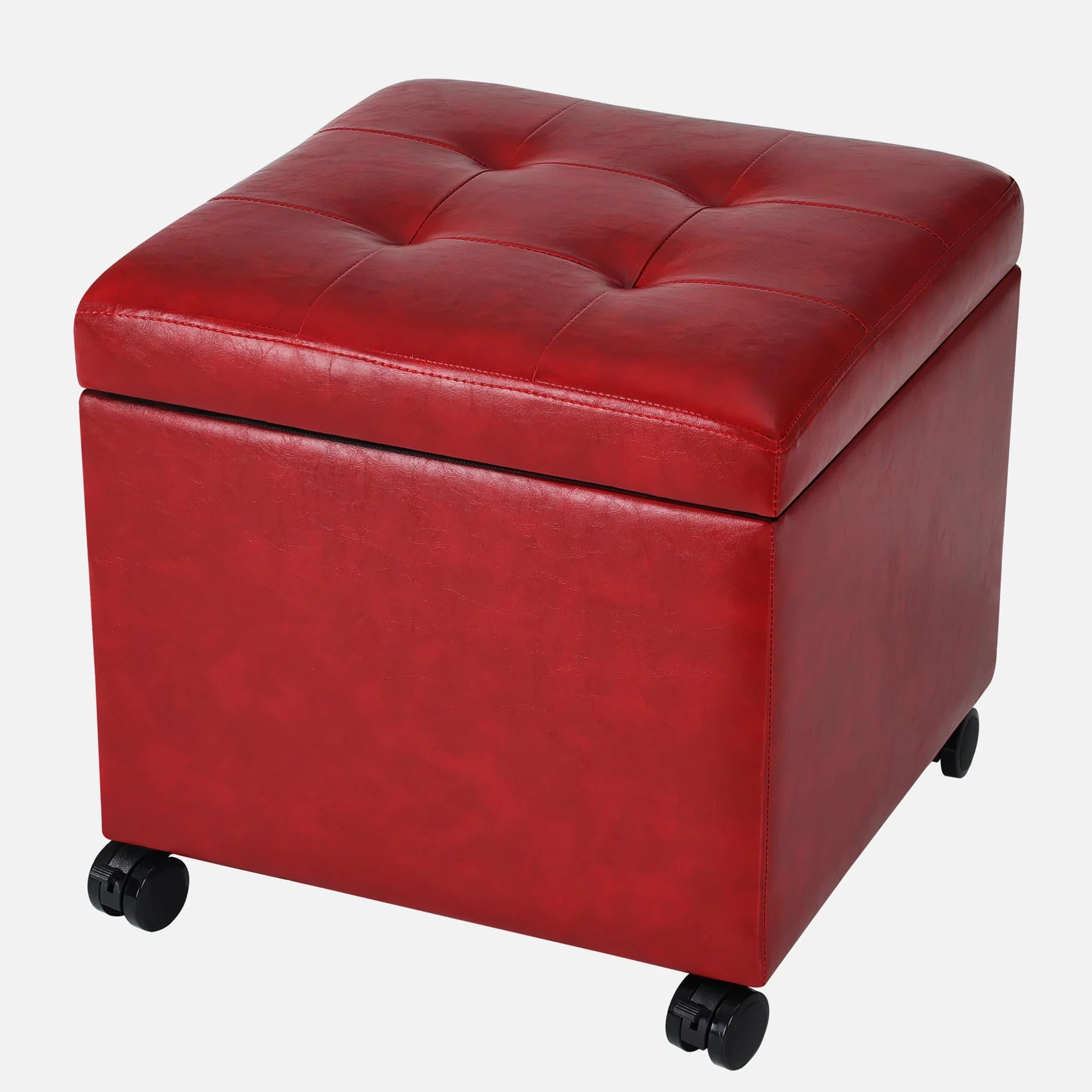 Homebeez Red With Wheels Tufted Faux Leather Storage Ottoman – styled home scene