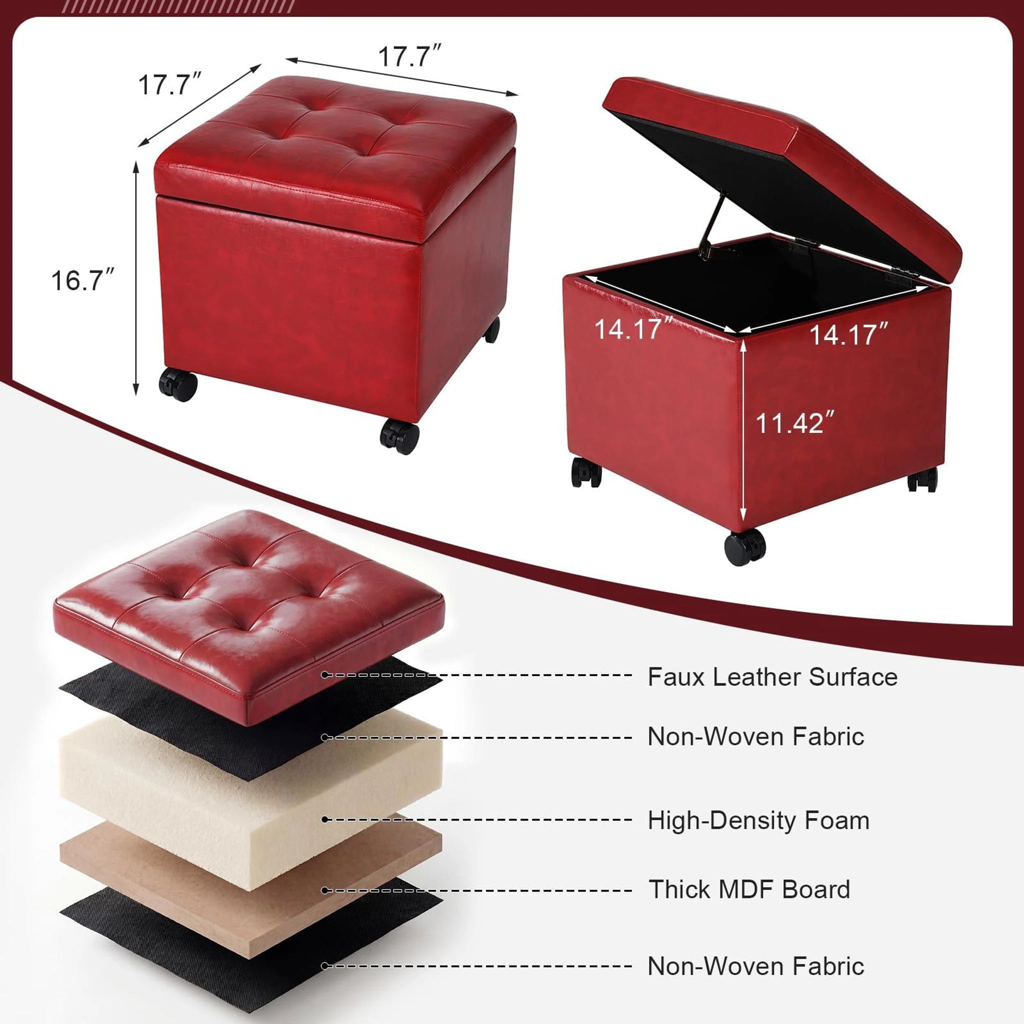 Homebeez Red With Wheels Tufted Faux Leather Storage Ottoman – dimensions chart