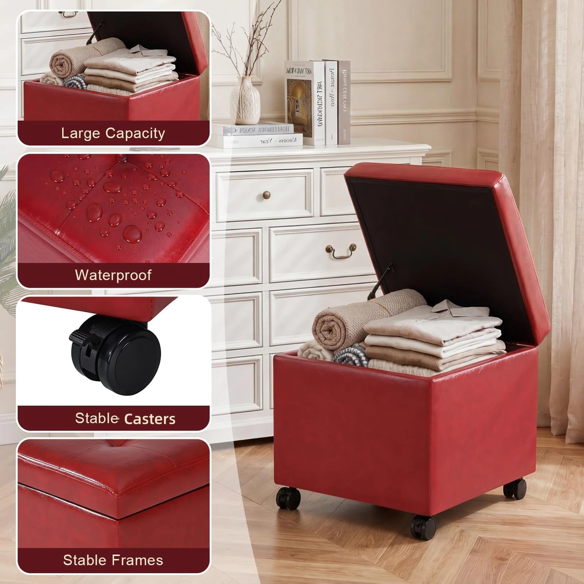 Homebeez Red With Wheels Tufted Faux Leather Storage Ottoman – detail and materials view