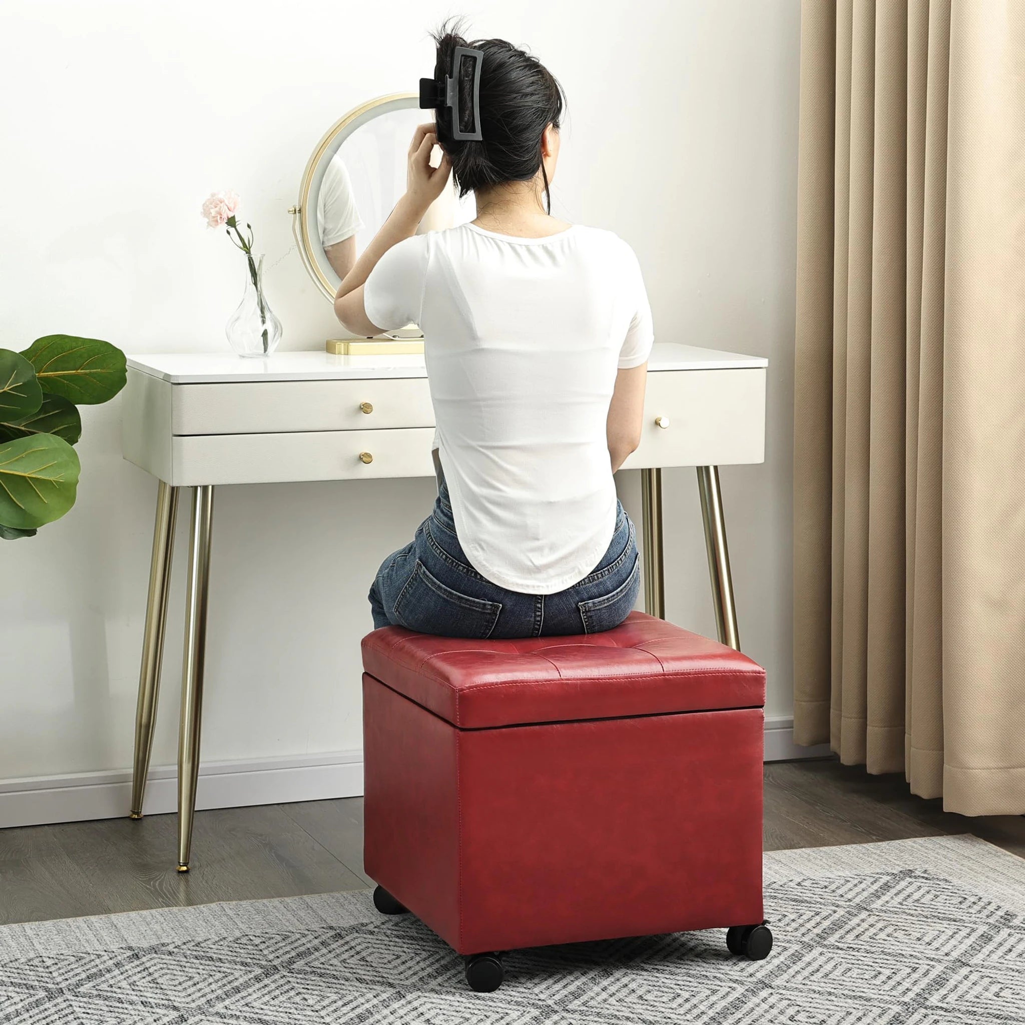 Homebeez Red With Wheels Tufted Faux Leather Storage Ottoman – lifestyle room view