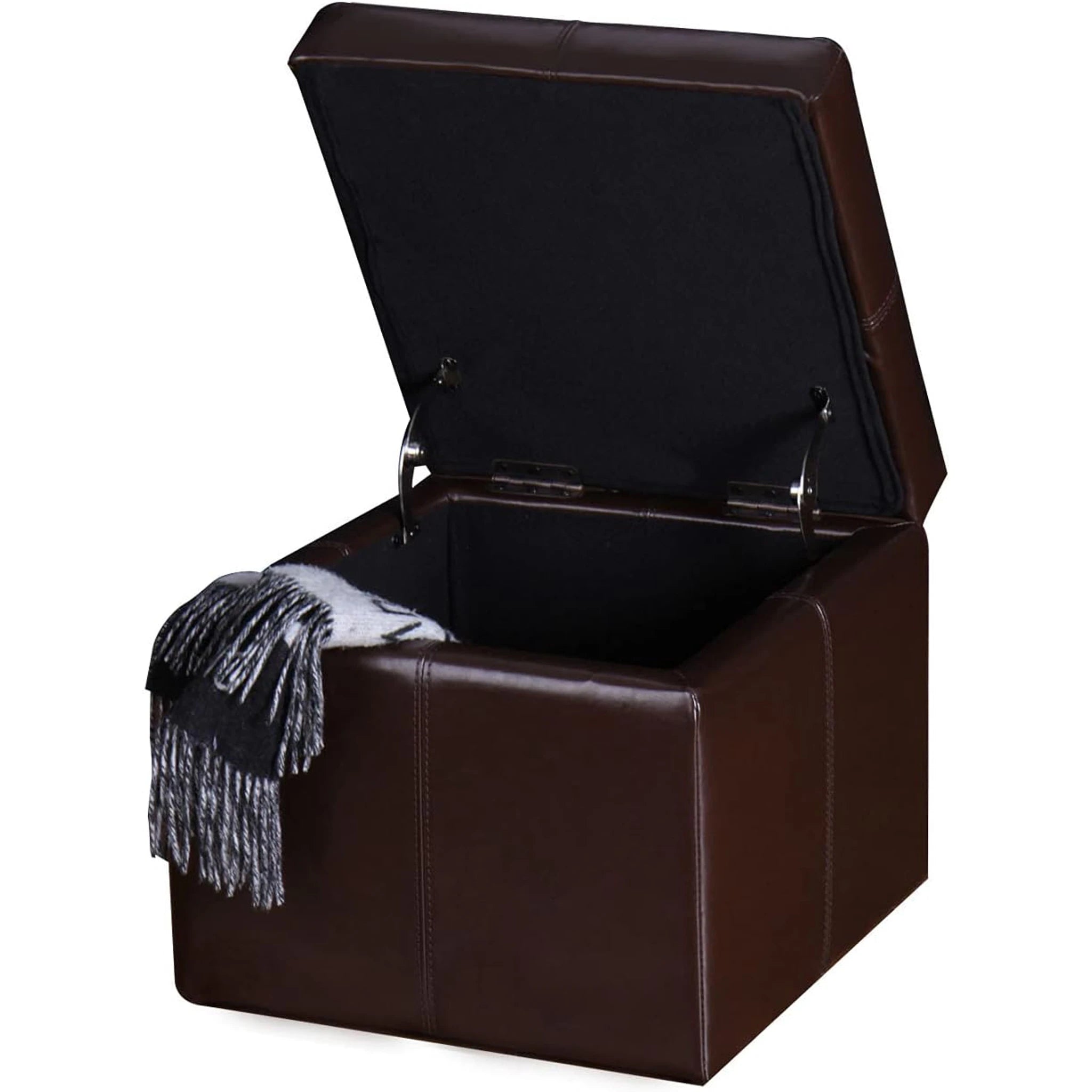 Homebeez Reddish Brown Faux Leather Square Storage Ottoman – detail and materials view