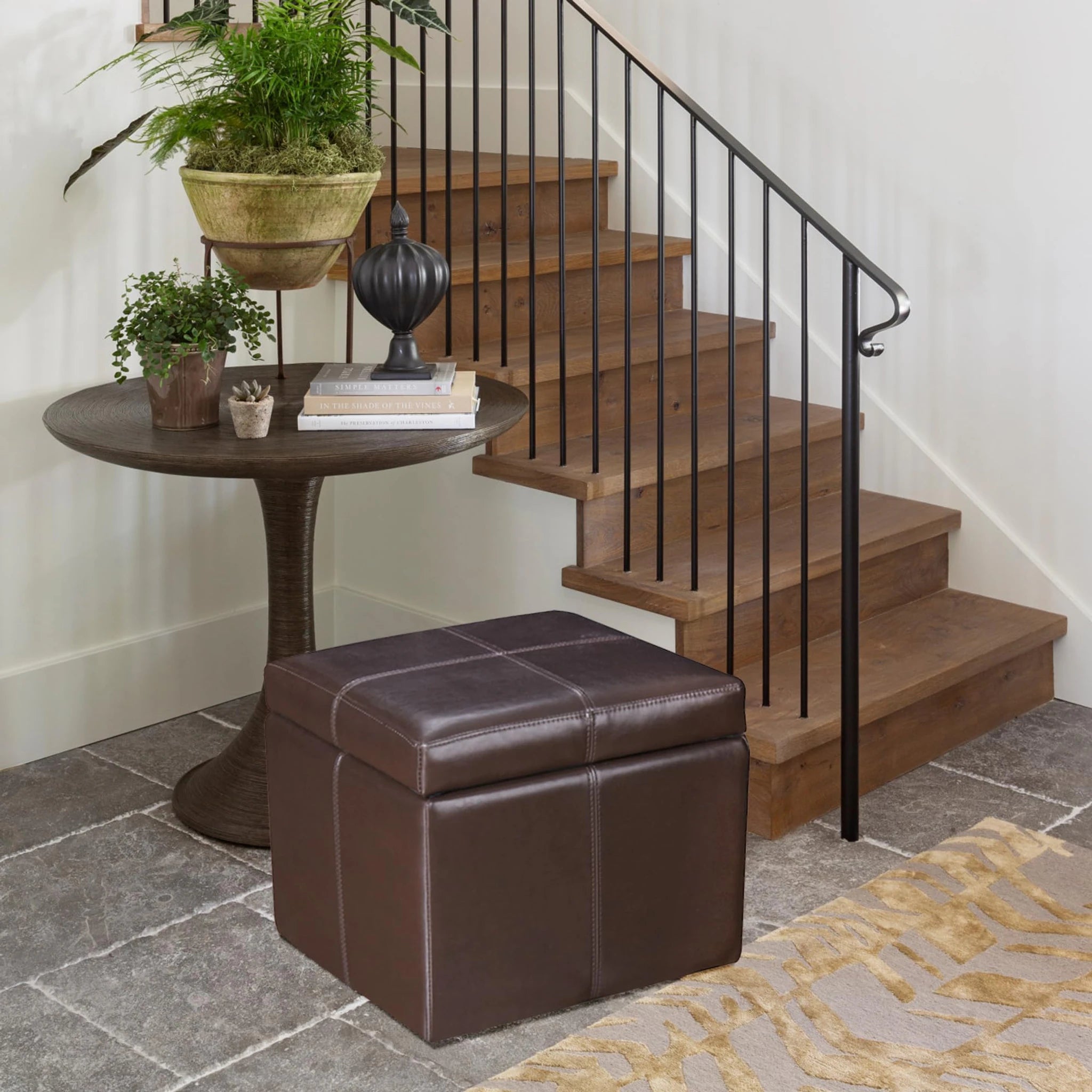 Homebeez Reddish Brown Faux Leather Square Storage Ottoman – lifestyle room view