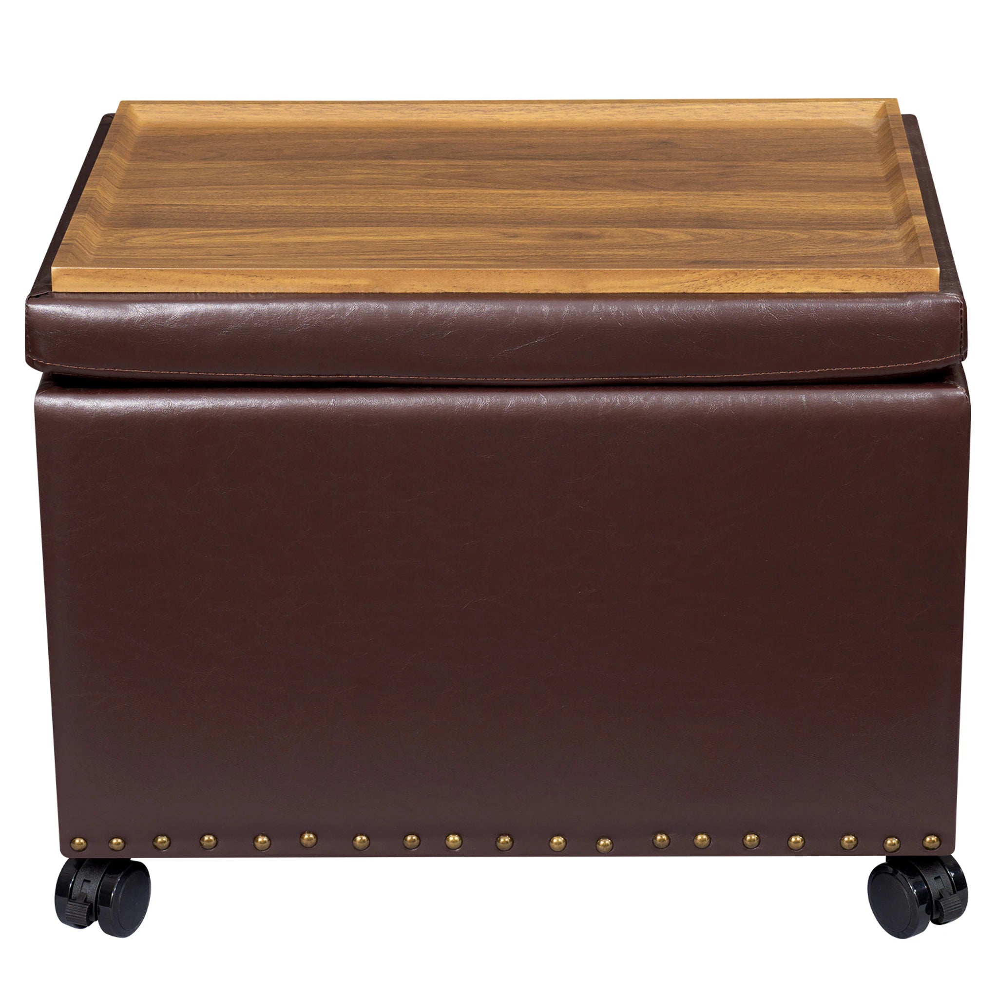 Homebeez Reddish Brown With Wheels Tray-Top Tufted Faux Leather Storage Ottoman – styled home scene