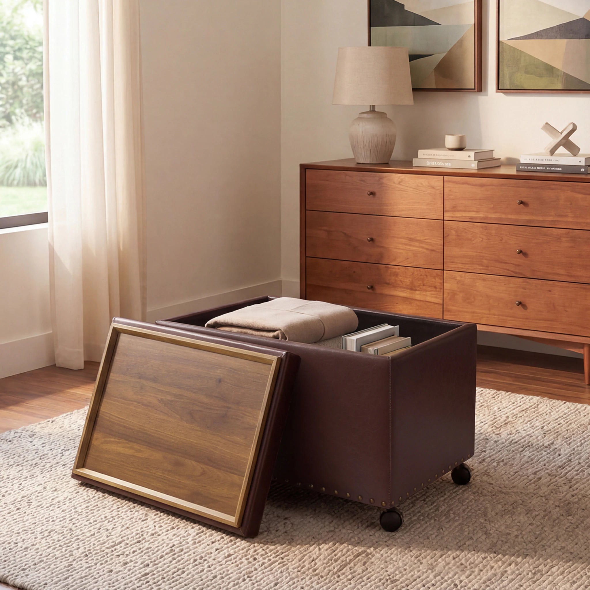 Homebeez Reddish Brown With Wheels Tray-Top Tufted Faux Leather Storage Ottoman – detail and materials view