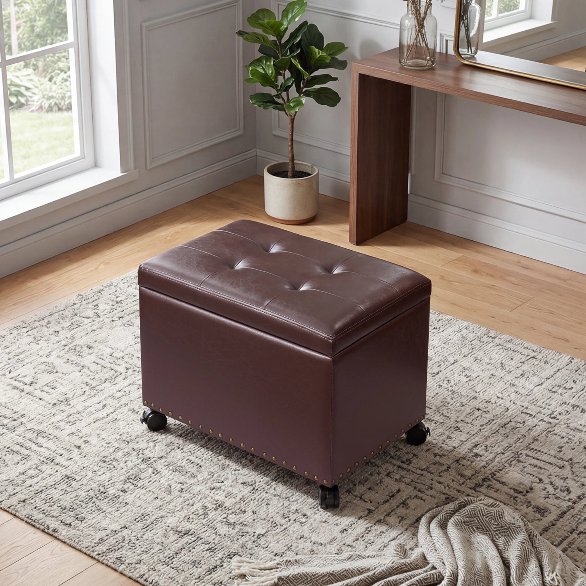 Homebeez Reddish Brown With Wheels Tray-Top Tufted Faux Leather Storage Ottoman – lifestyle room view