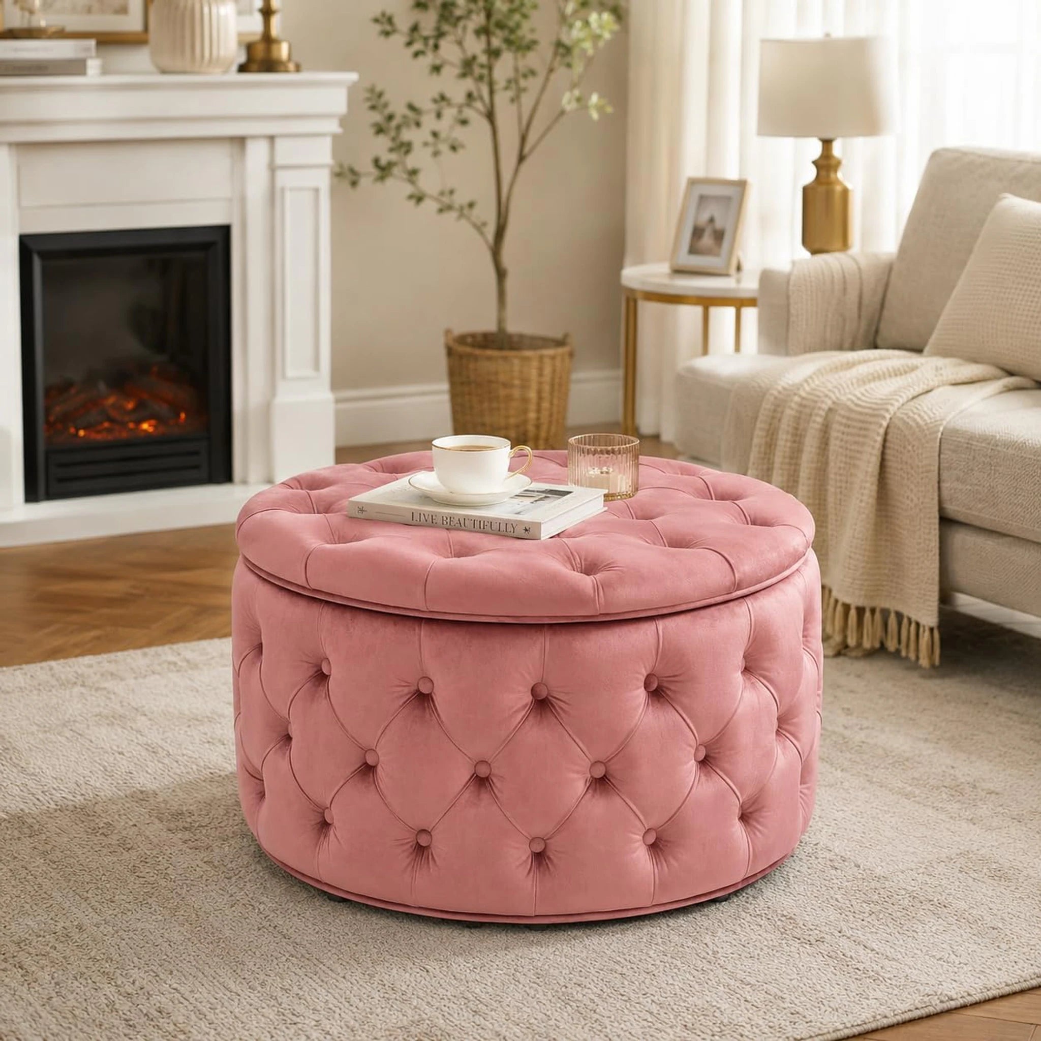 Homebeez Rose Tufted Velvet Round Storage Ottoman – styled home scene
