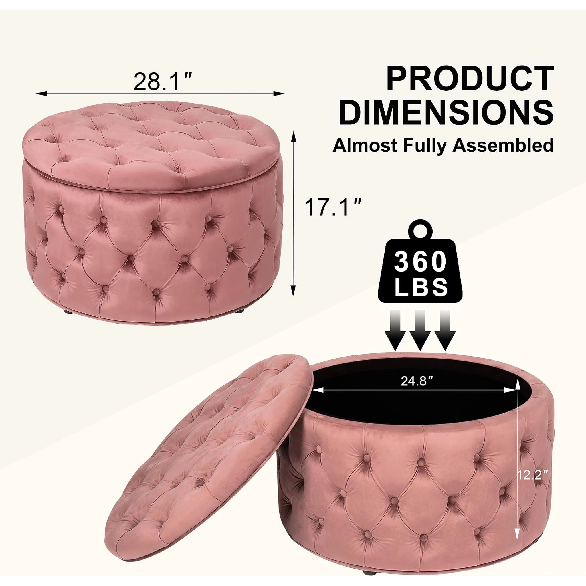 Homebeez Rose Tufted Velvet Round Storage Ottoman – dimensions chart