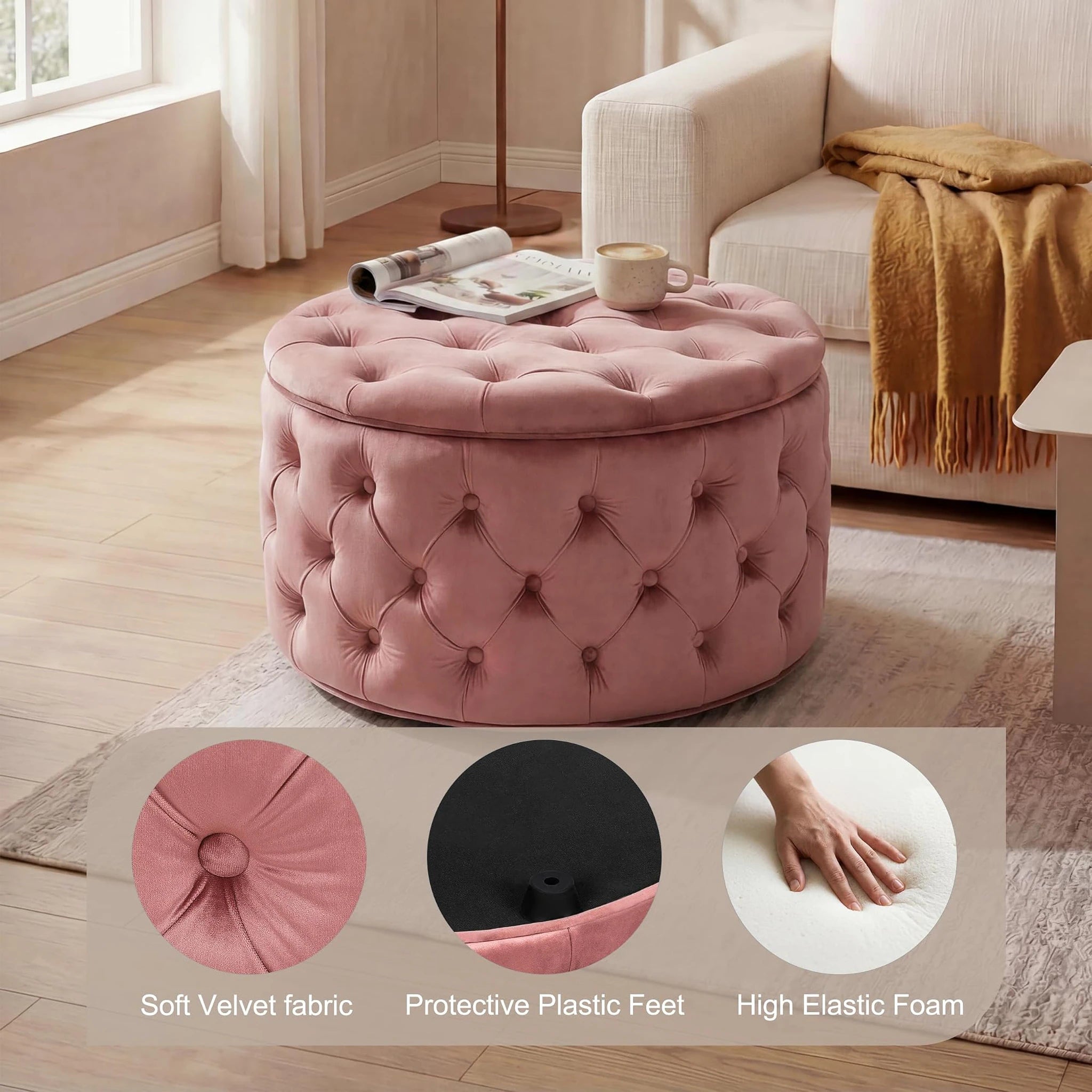 Homebeez Rose Tufted Velvet Round Storage Ottoman – detail and materials view