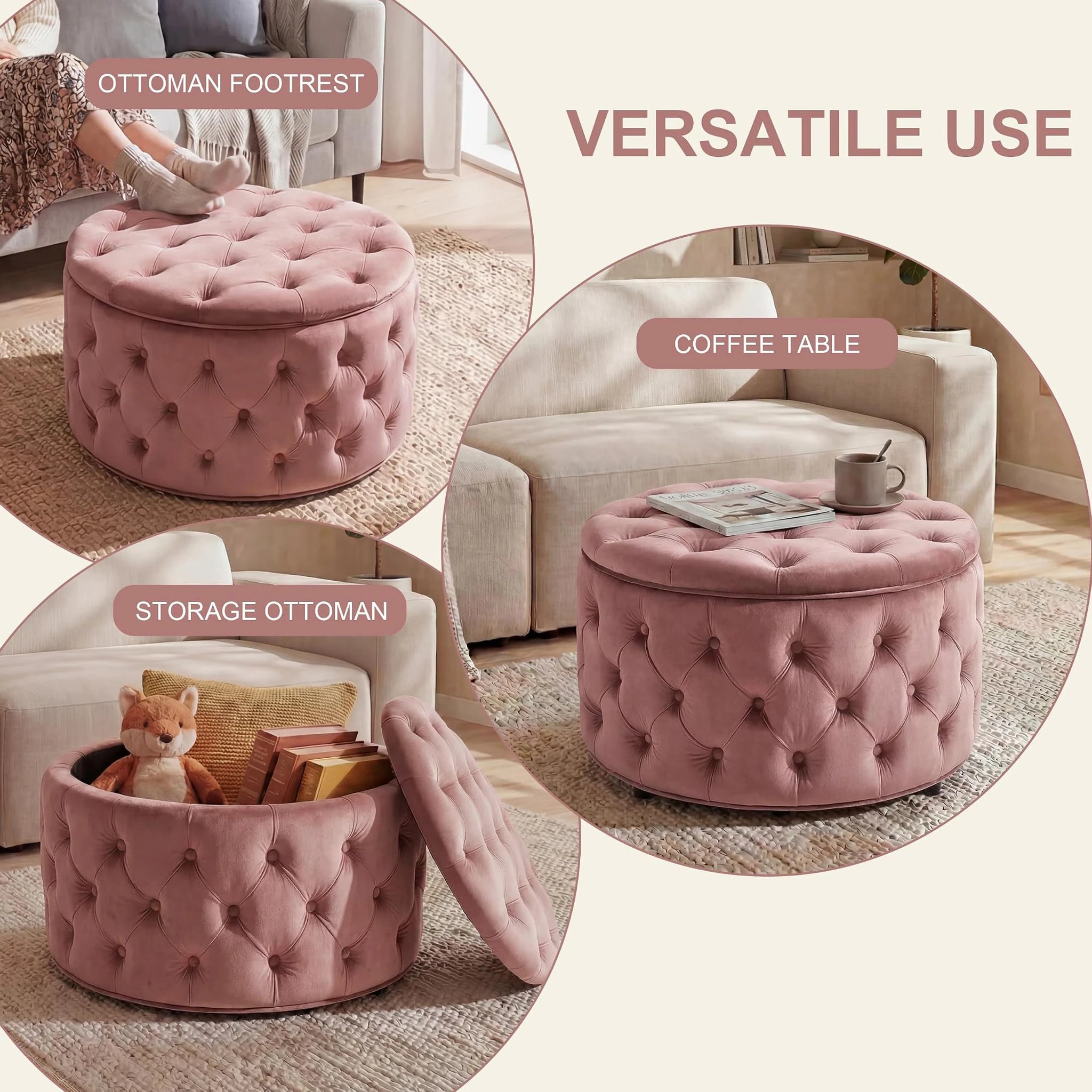 Homebeez Rose Tufted Velvet Round Storage Ottoman – lifestyle room view