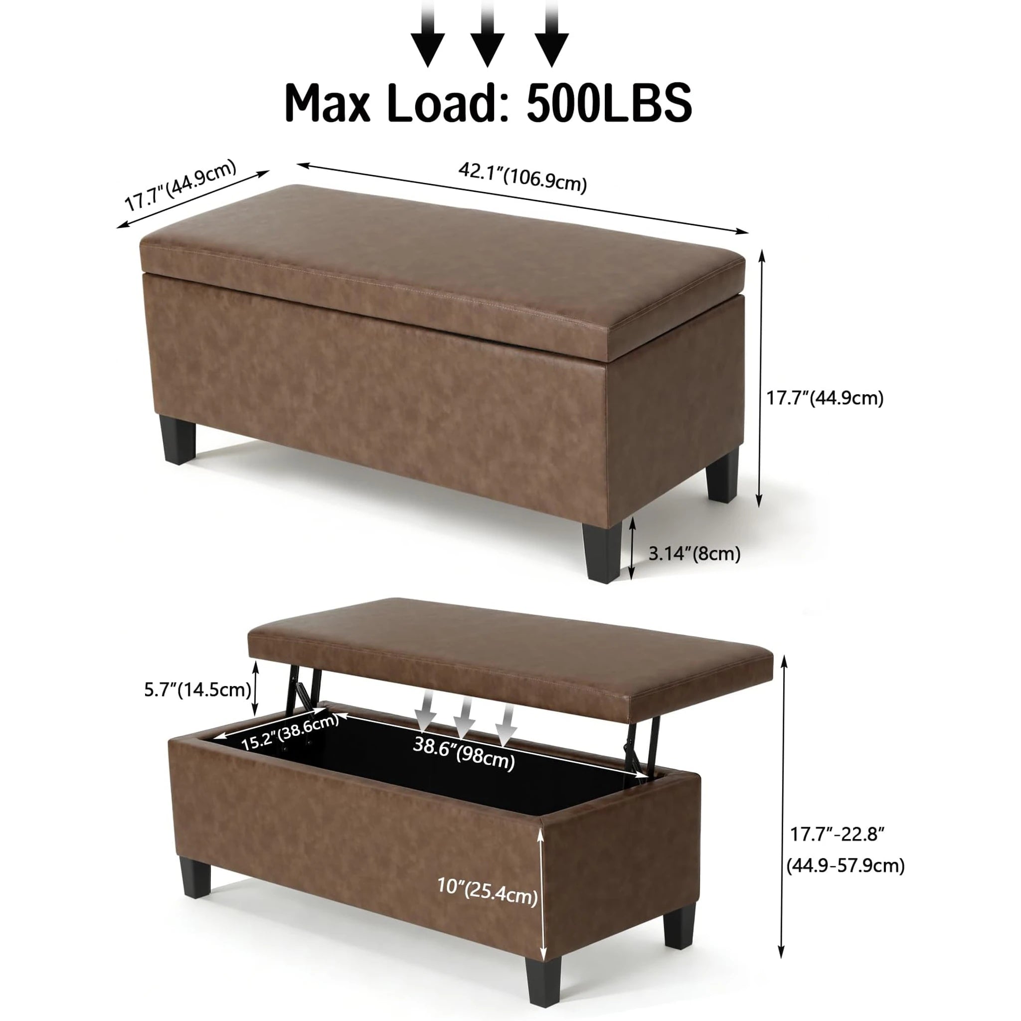 Homebeez Tan Lift-Top Faux Leather Storage Ottoman Bench – dimensions chart