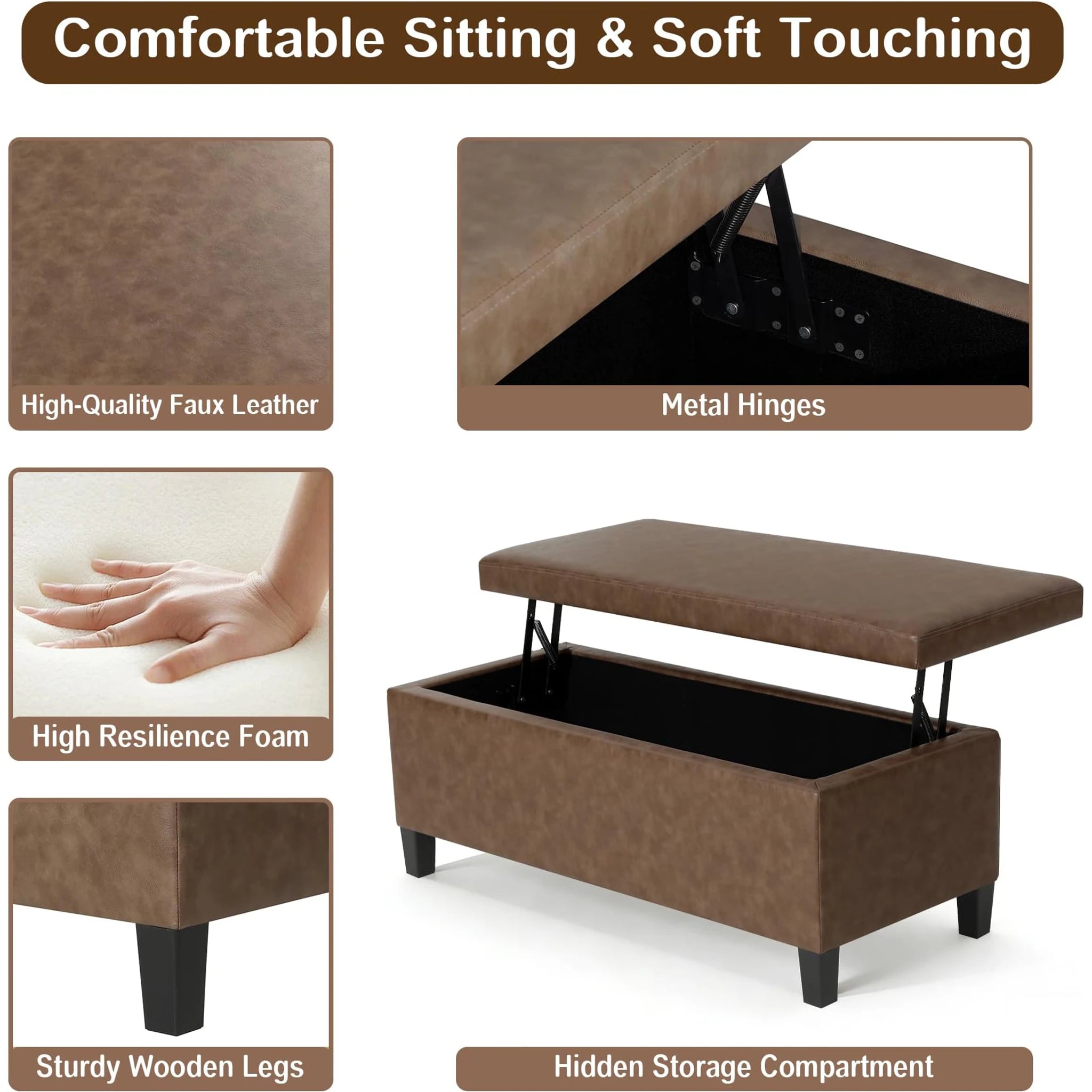 Homebeez Tan Lift-Top Faux Leather Storage Ottoman Bench – detail and materials view