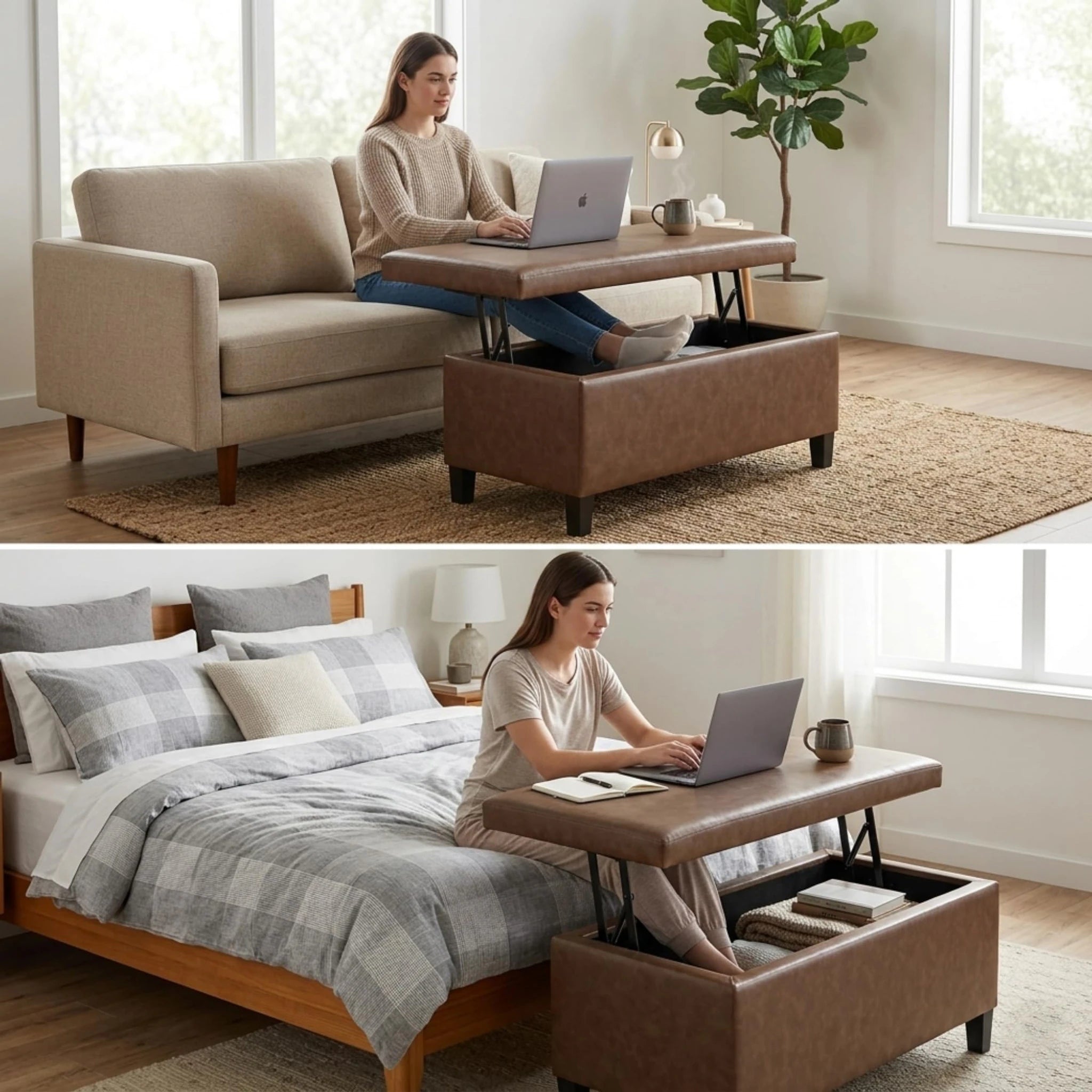 Homebeez Tan Lift-Top Faux Leather Storage Ottoman Bench – lifestyle room view