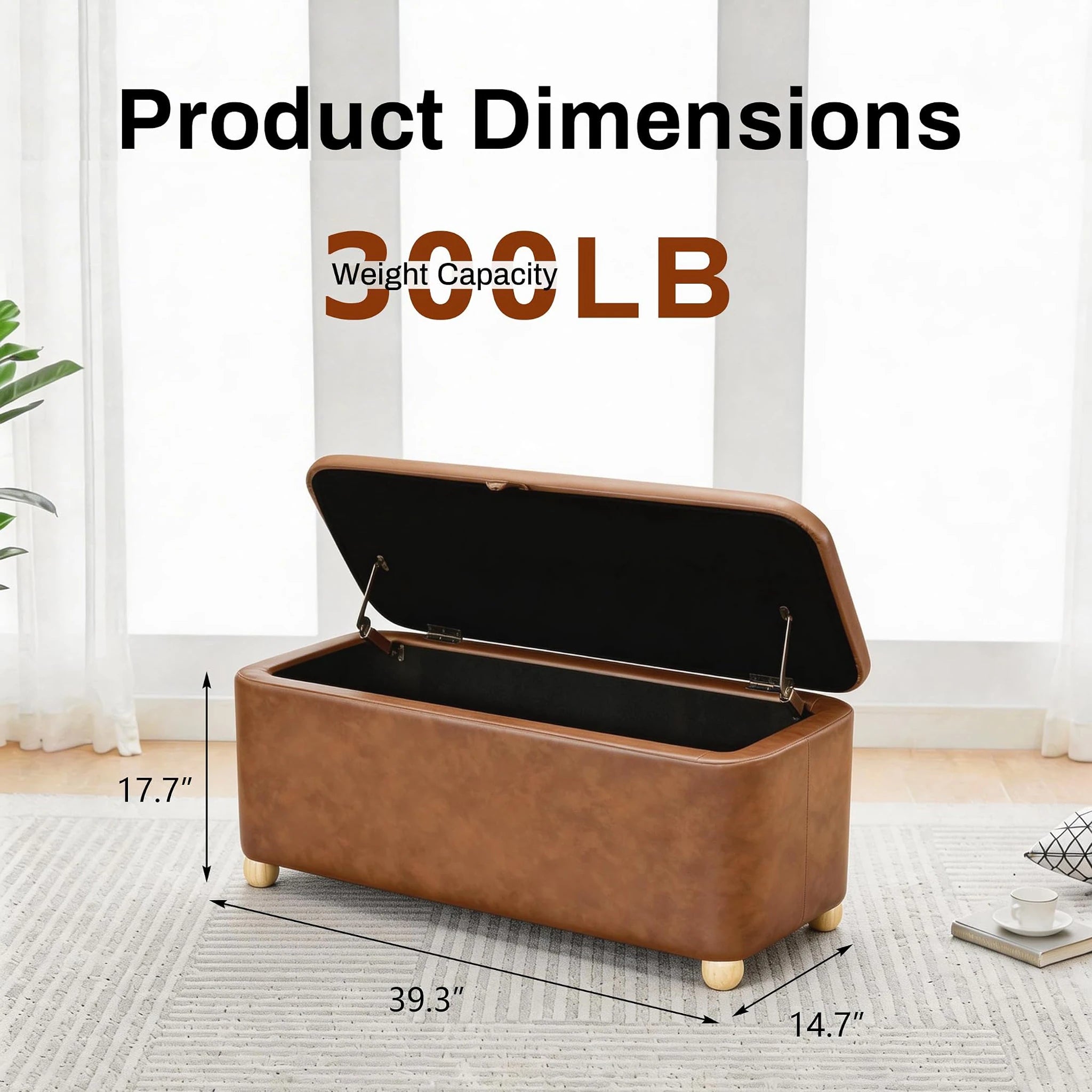 Homebeez Vintage Brown Faux Leather Storage Ottoman Bench – dimensions chart