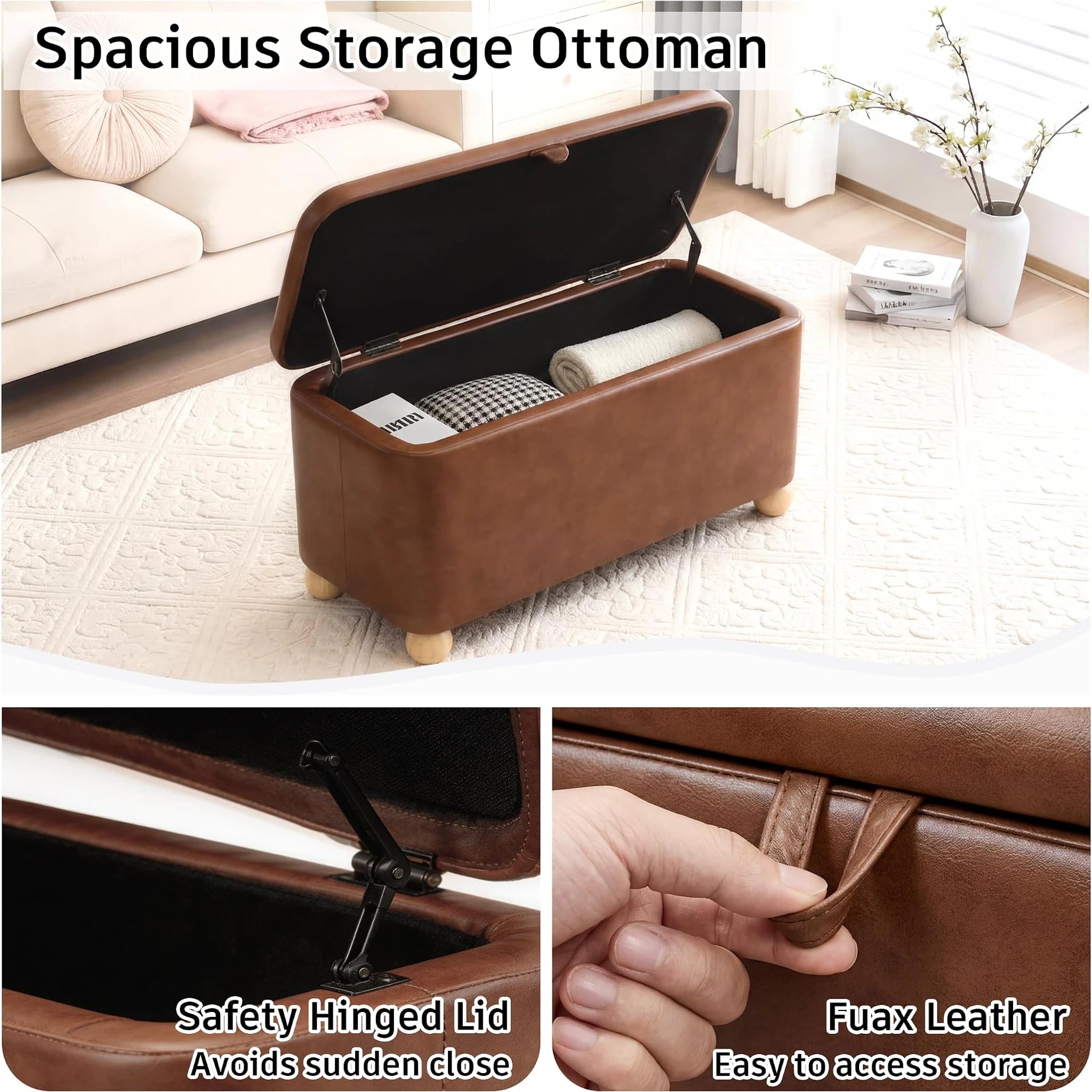 Homebeez Vintage Brown Faux Leather Storage Ottoman Bench – detail and materials view