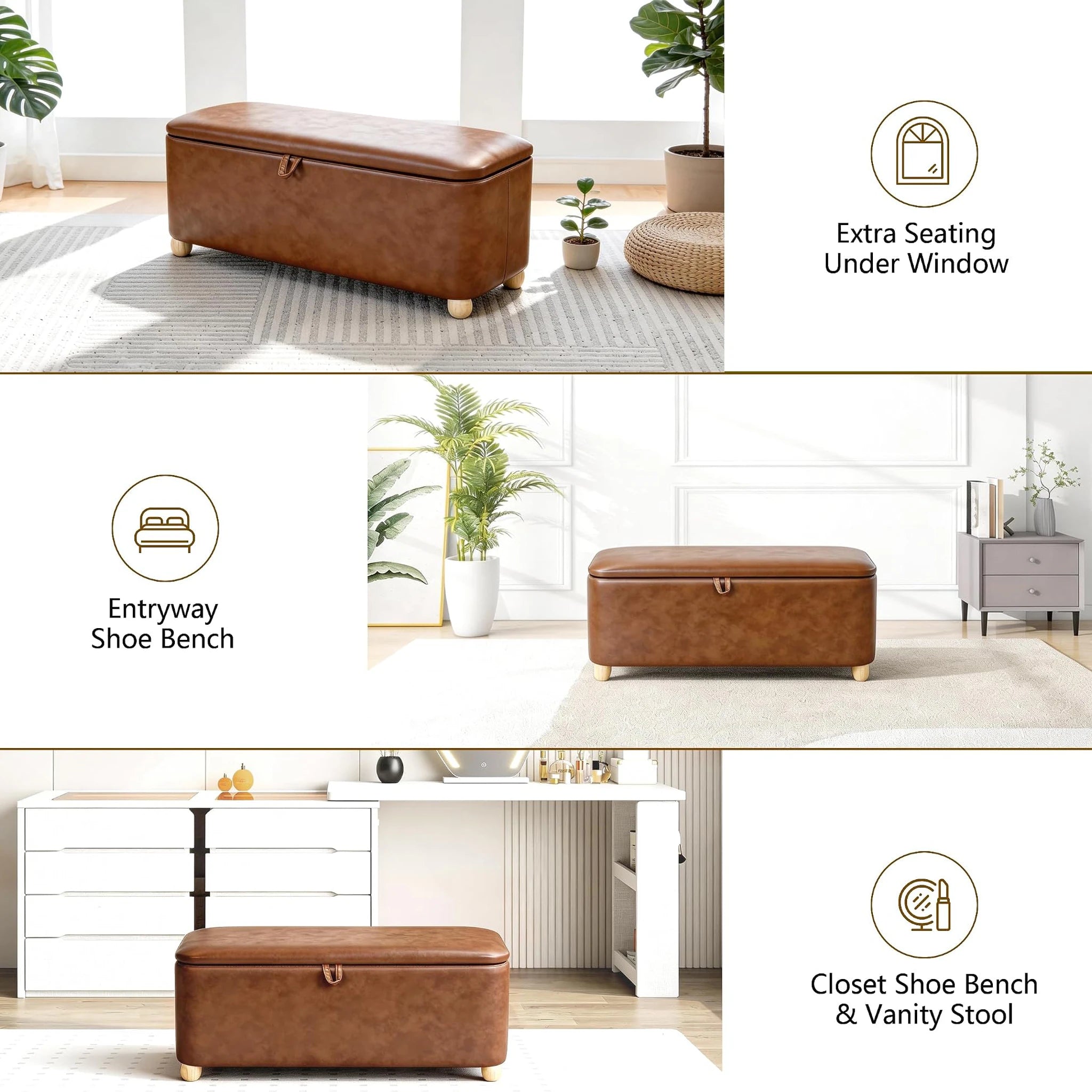 Homebeez Vintage Brown Faux Leather Storage Ottoman Bench – lifestyle room view