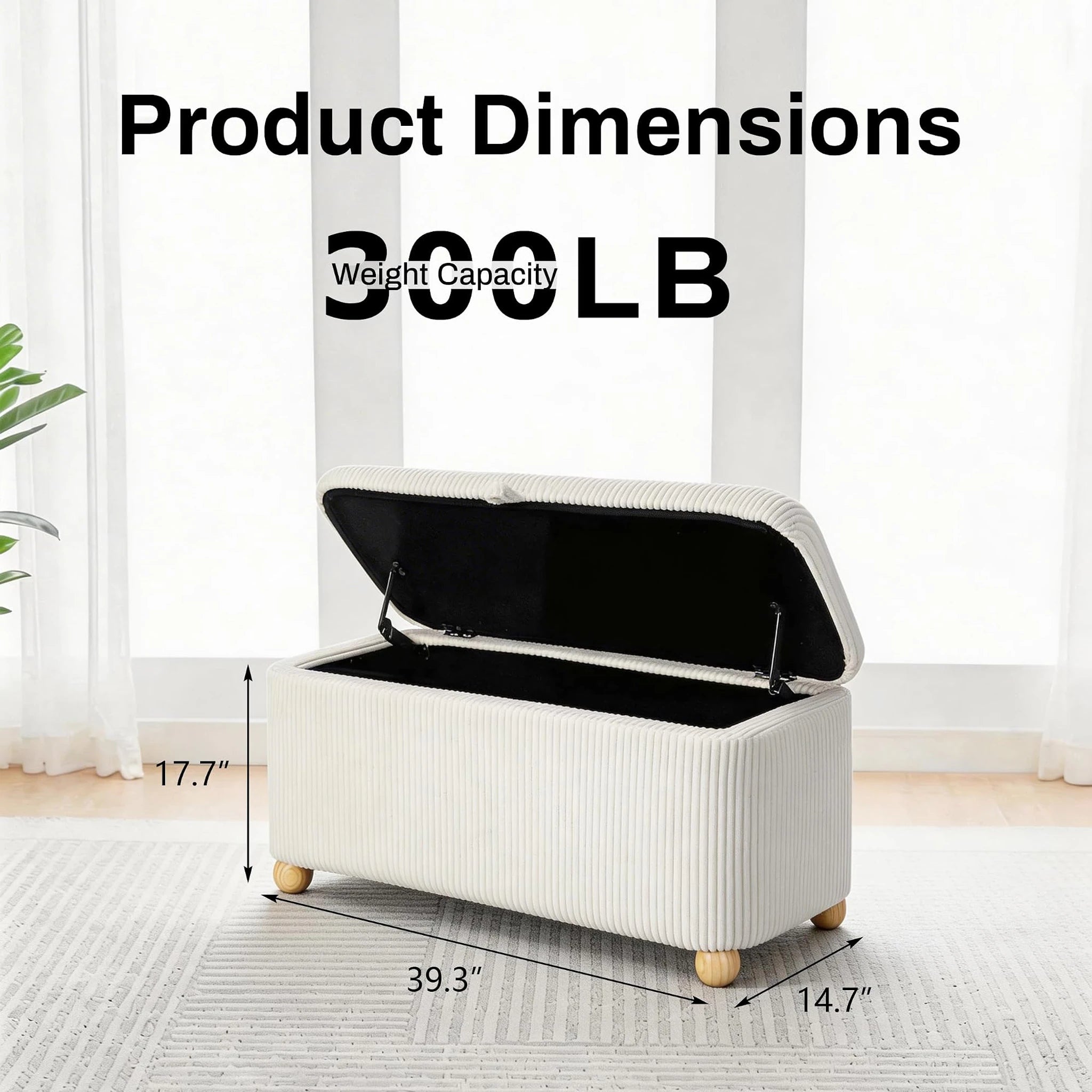Homebeez White Fabric Storage Ottoman Bench – dimensions chart