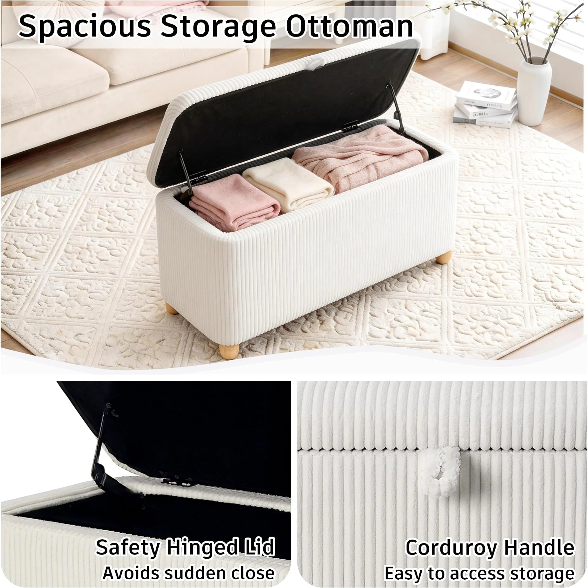 Homebeez White Fabric Storage Ottoman Bench – detail and materials view