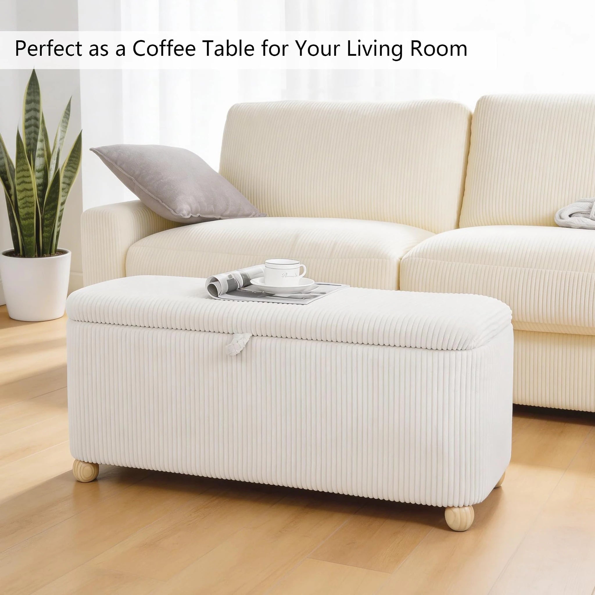 Homebeez White Fabric Storage Ottoman Bench – lifestyle room view