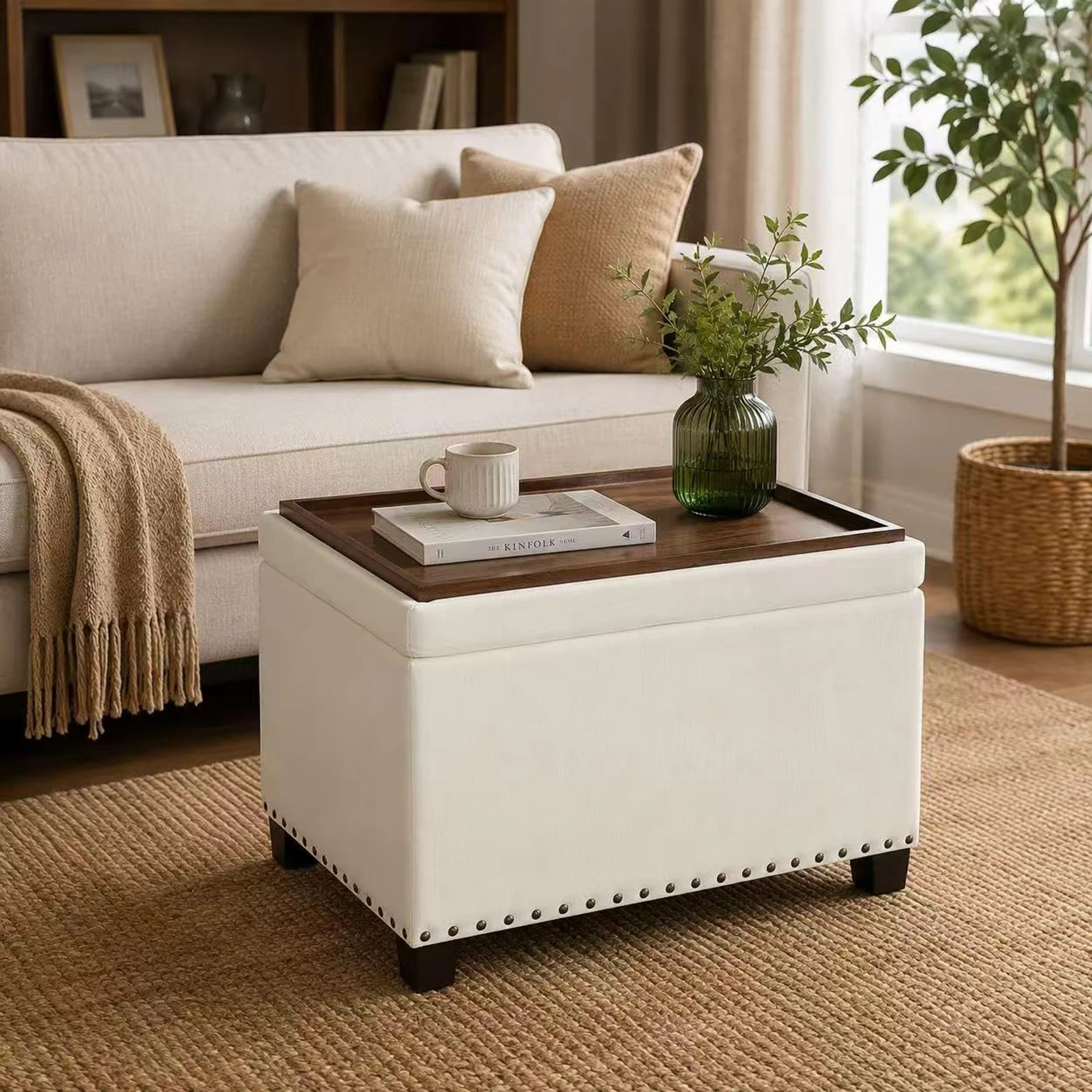 Homebeez White Tray-Top Tufted Faux Leather Storage Ottoman – styled home scene