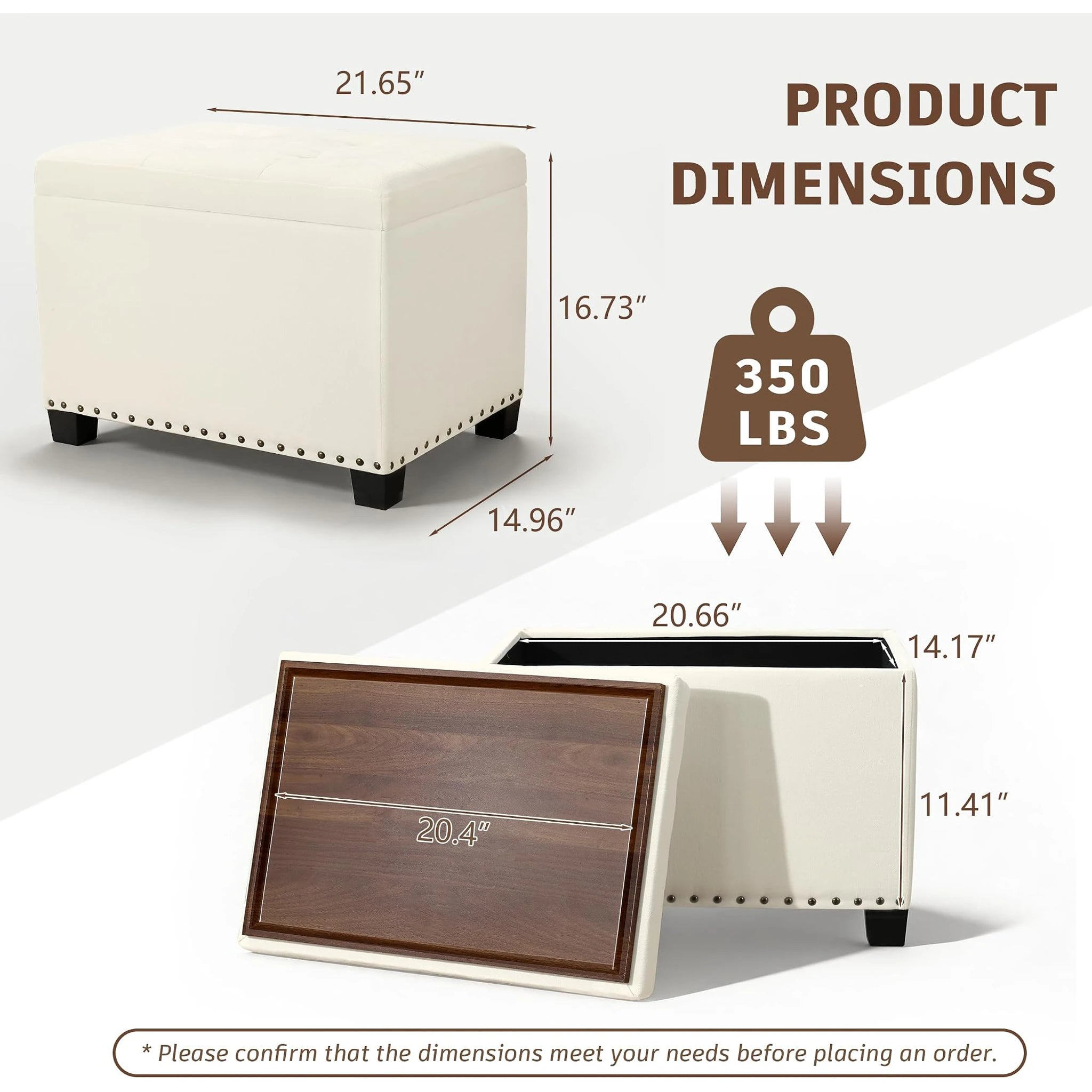 Homebeez White Tray-Top Tufted Faux Leather Storage Ottoman – dimensions chart