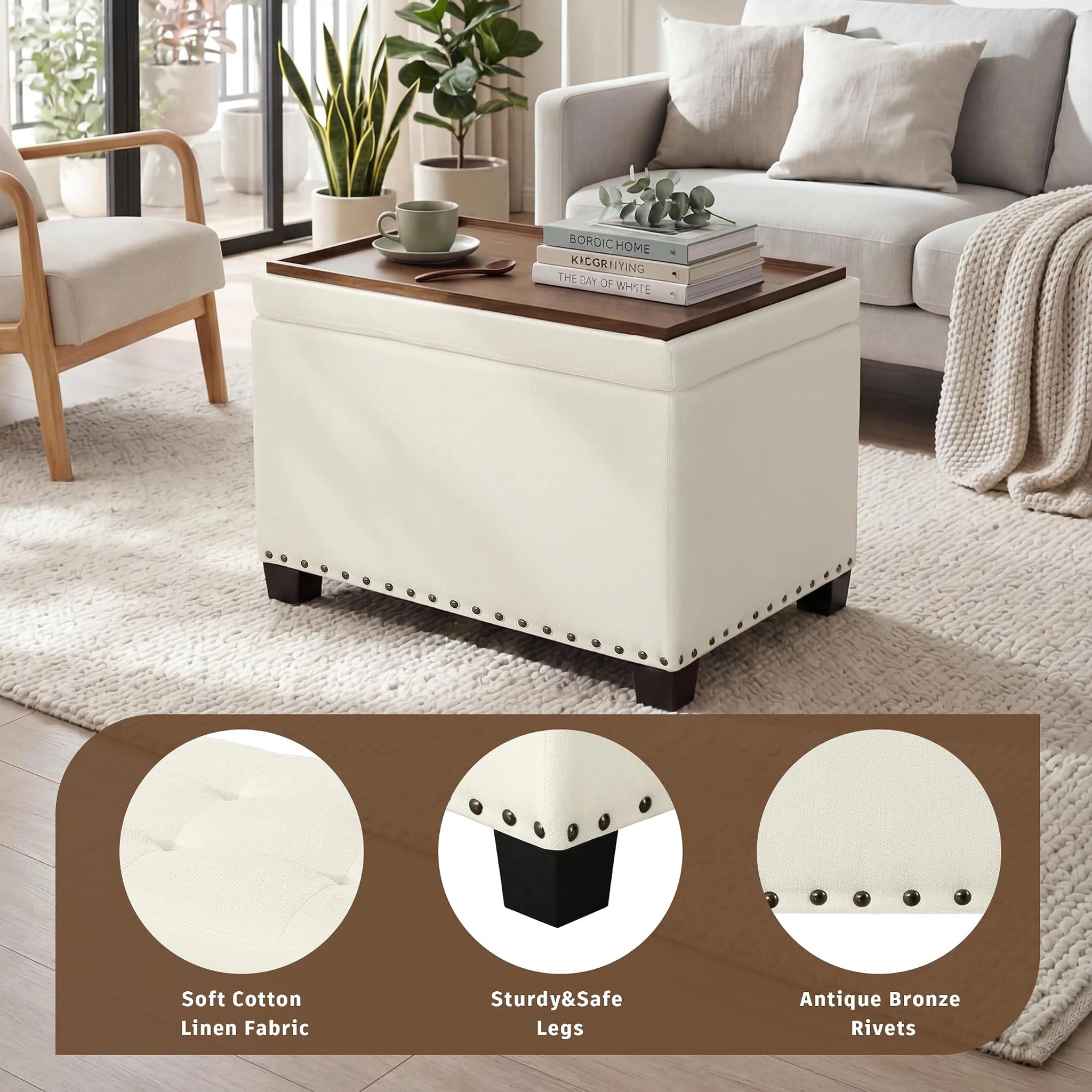 Homebeez White Tray-Top Tufted Faux Leather Storage Ottoman – detail and materials view