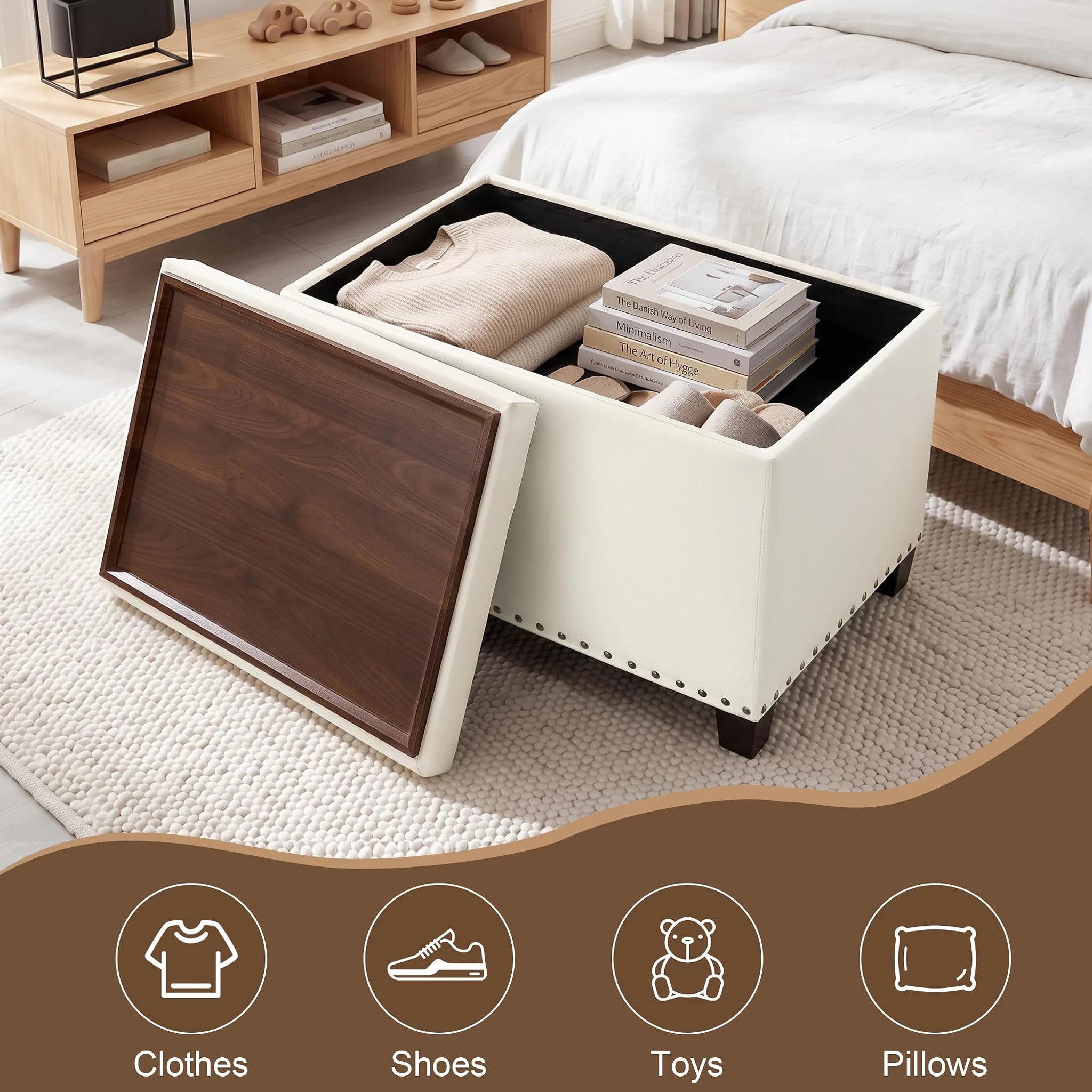 Homebeez White Tray-Top Tufted Faux Leather Storage Ottoman – lifestyle room view