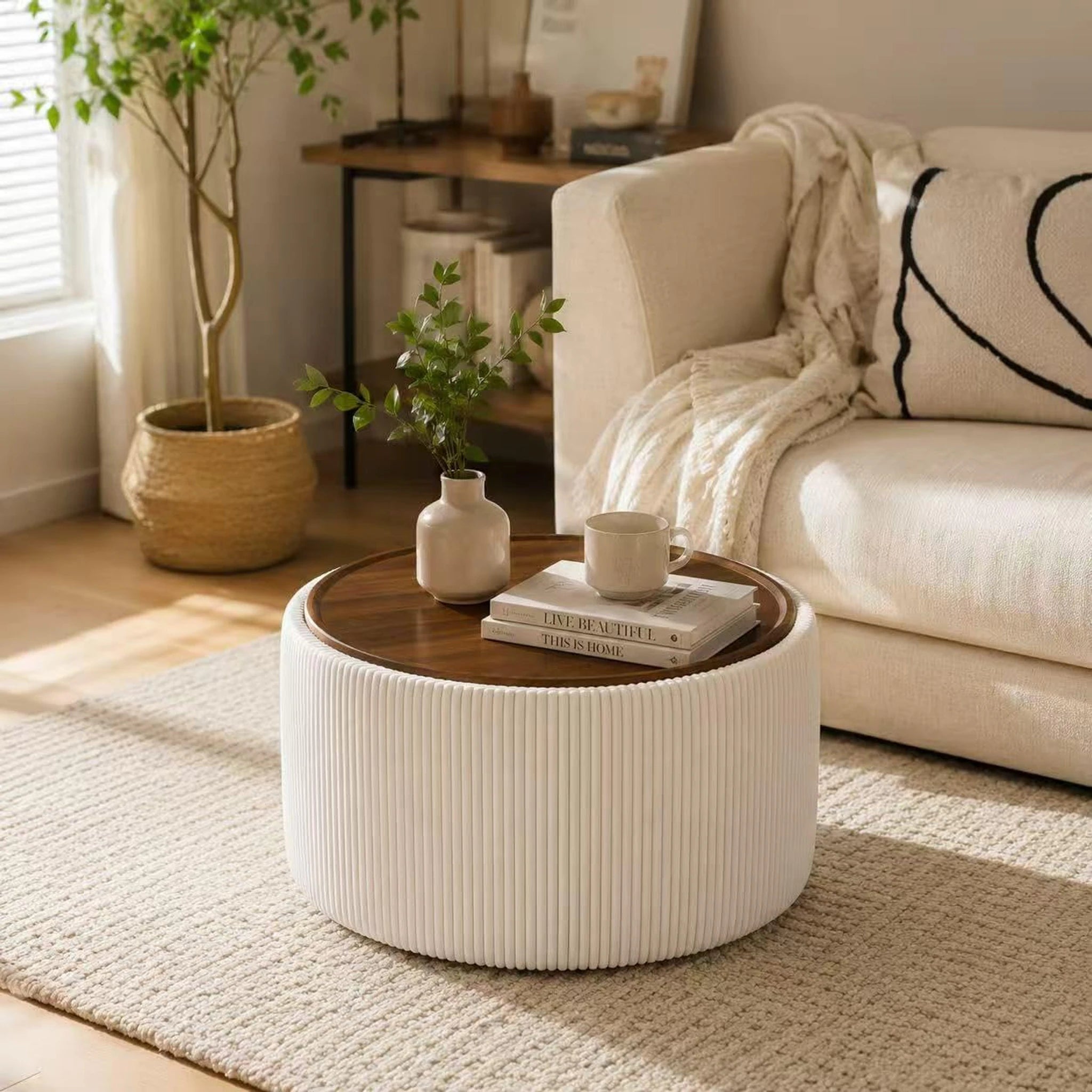 Homebeez White Velvet Round Storage Ottoman – styled home scene