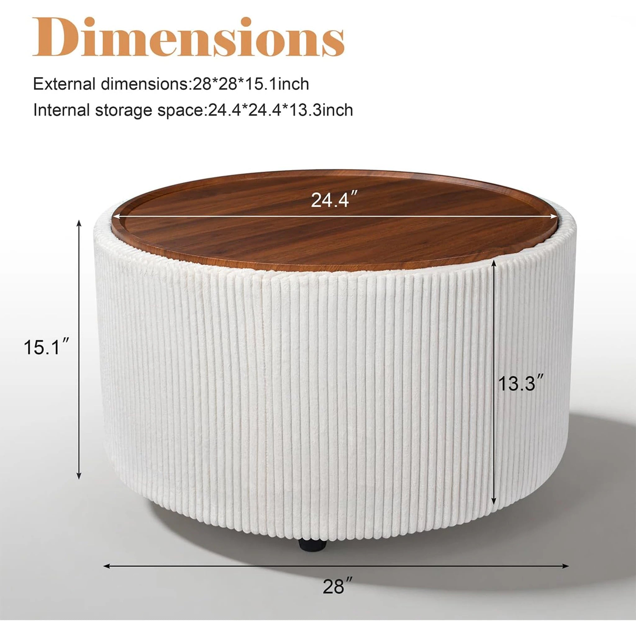 Homebeez White Velvet Round Storage Ottoman – dimensions chart