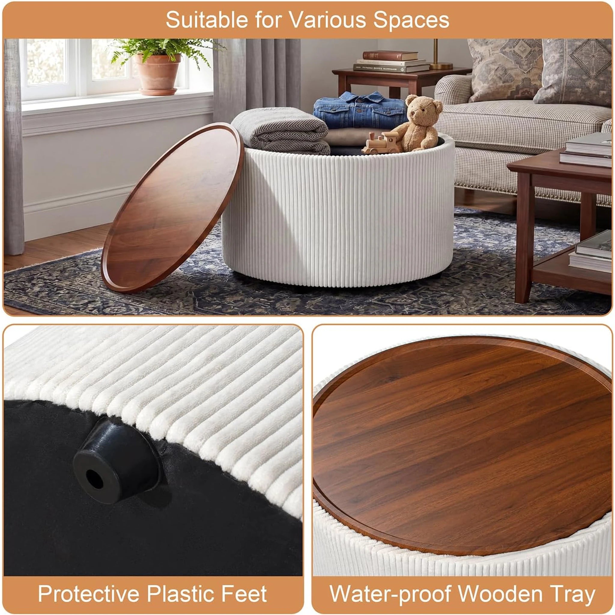 Homebeez White Velvet Round Storage Ottoman – detail and materials view