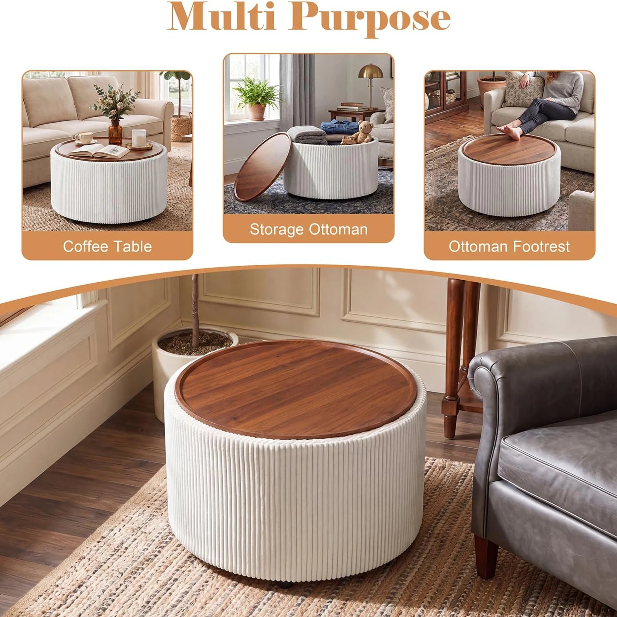 Homebeez White Velvet Round Storage Ottoman – lifestyle room view
