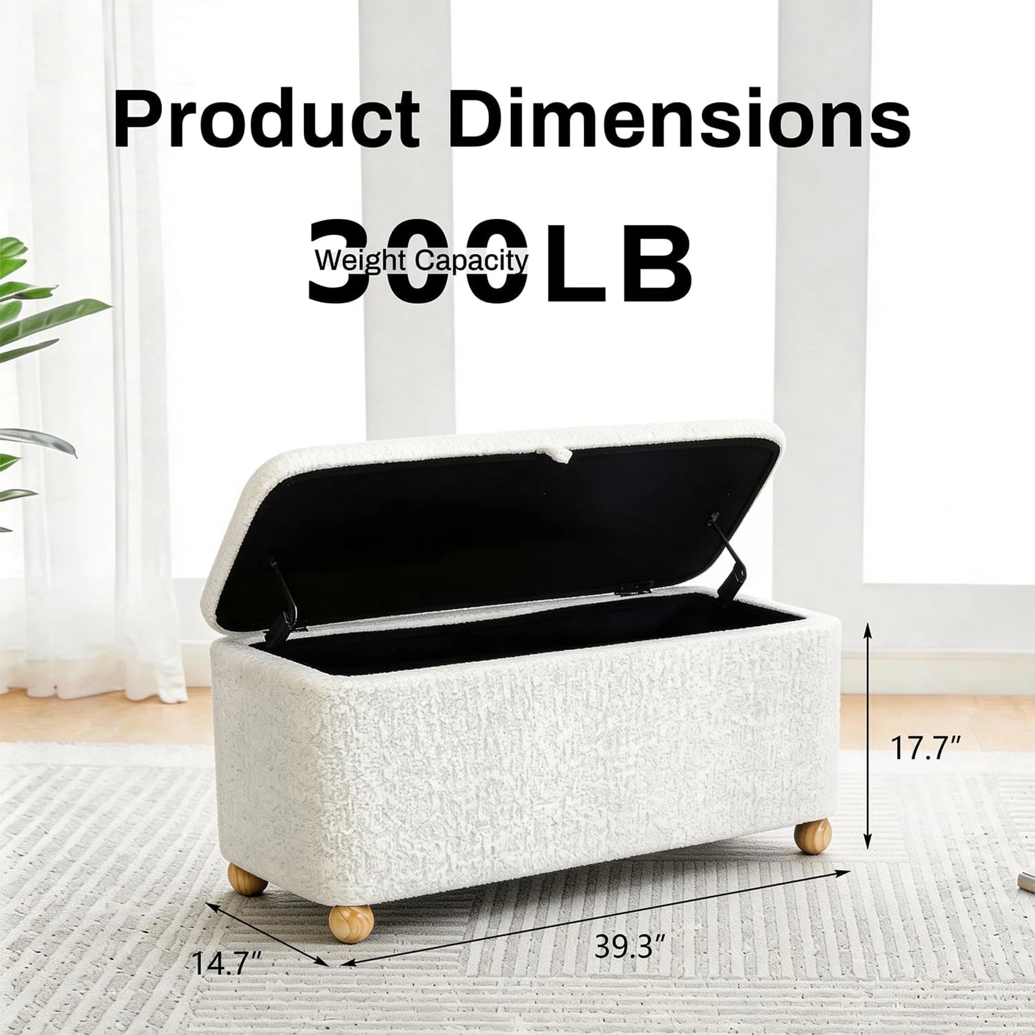 Homebeez White Velvet Storage Ottoman Bench – dimensions chart