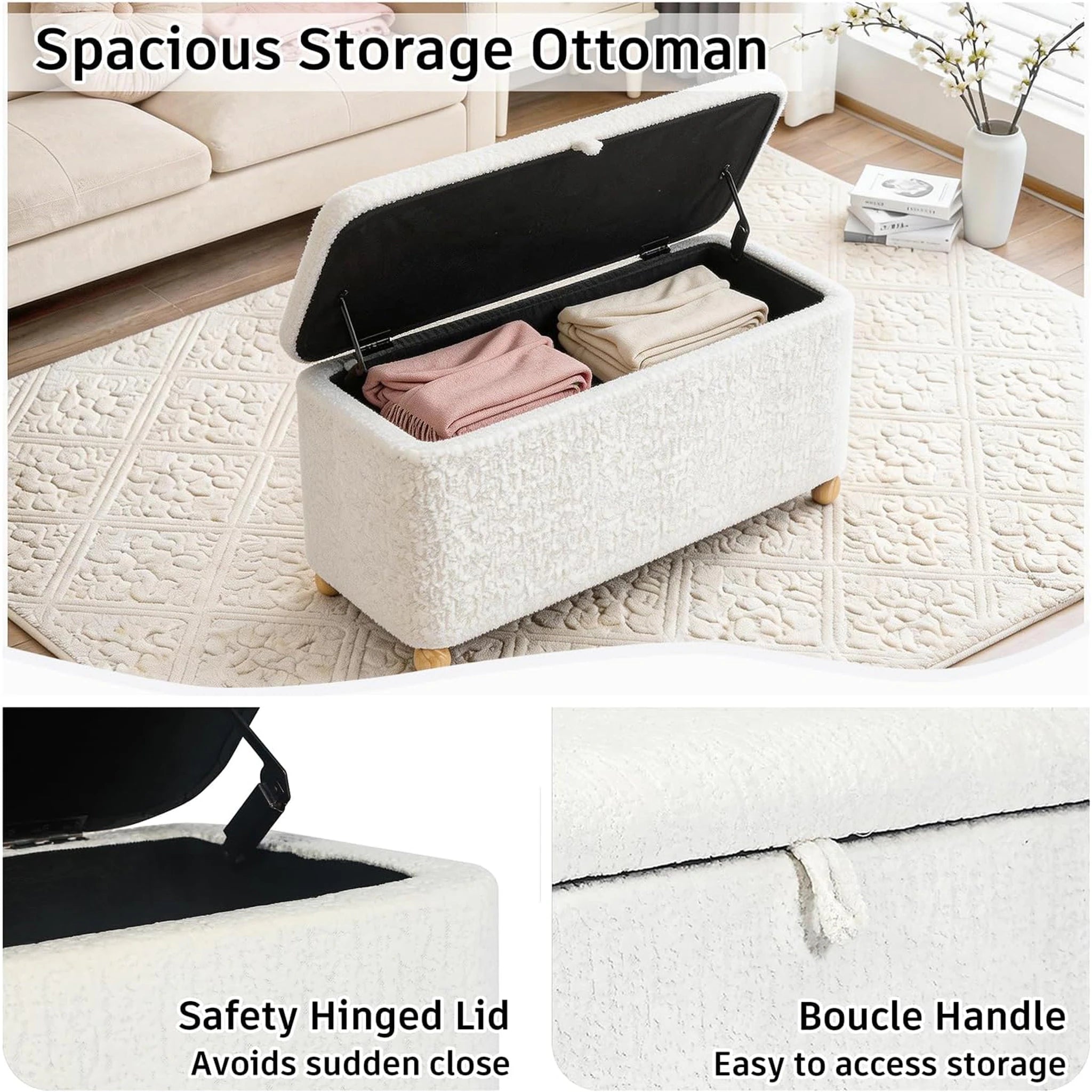 Homebeez White Velvet Storage Ottoman Bench – detail and materials view