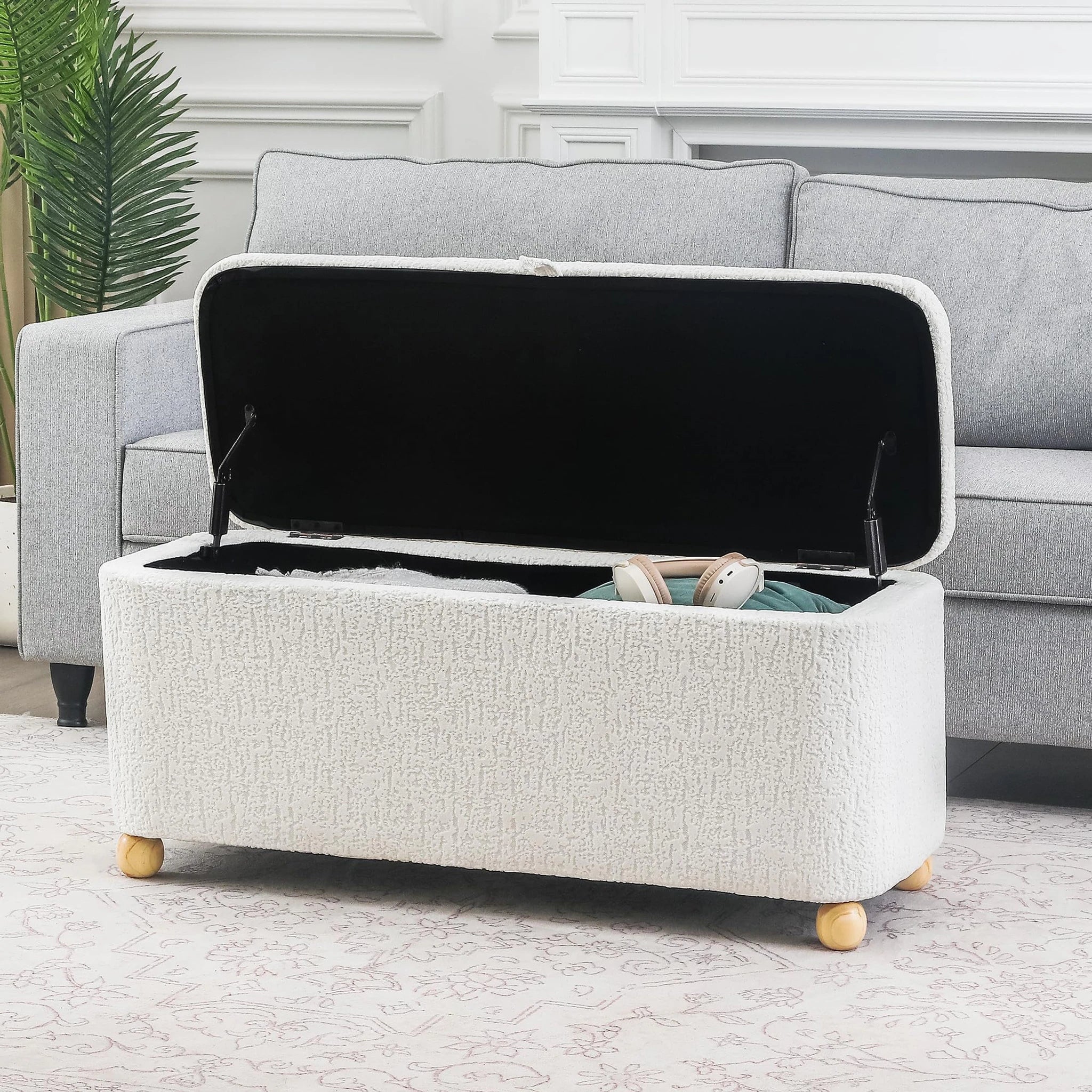 Homebeez White Velvet Storage Ottoman Bench – lifestyle room view