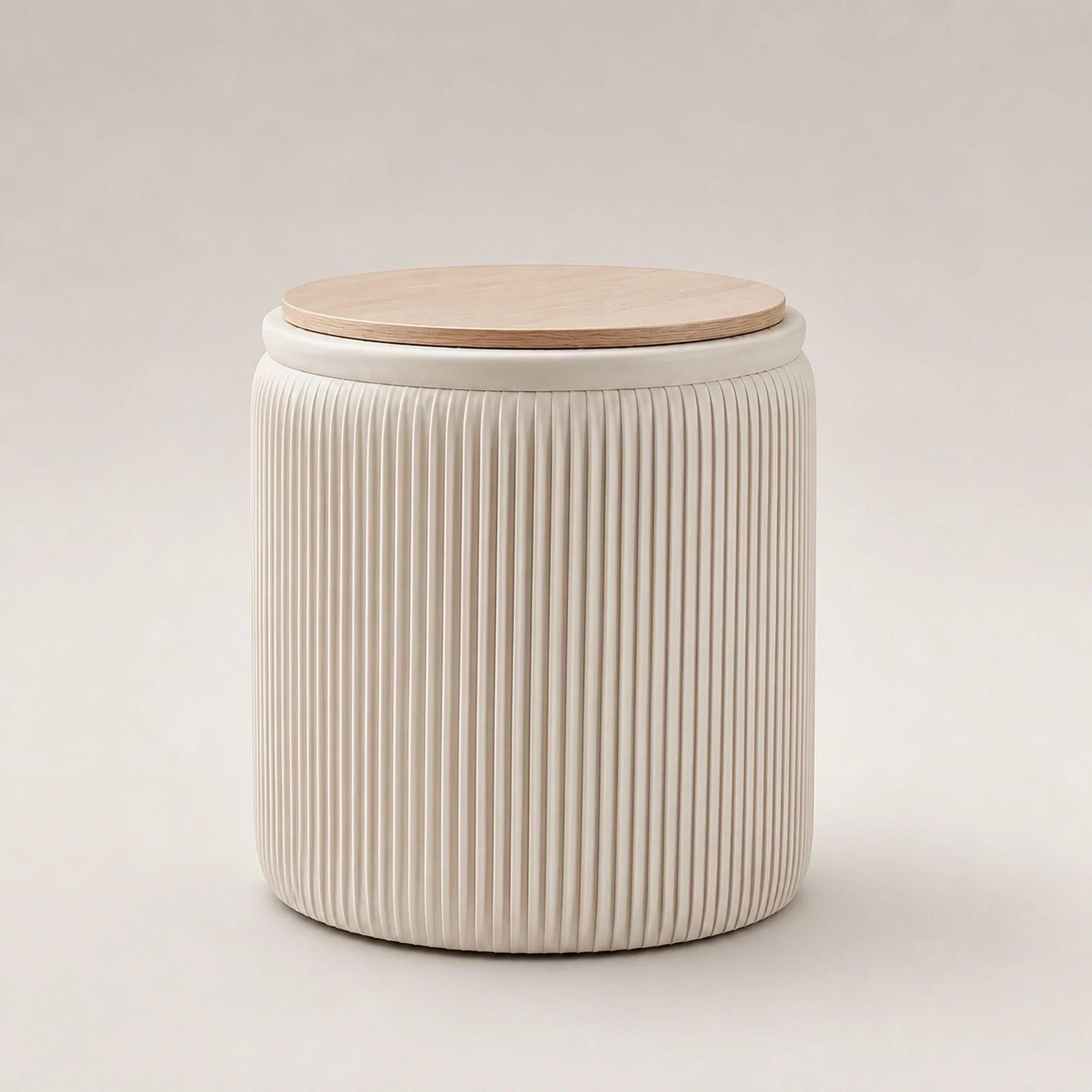 Joveco Beige storage ottoman – warm studio front view