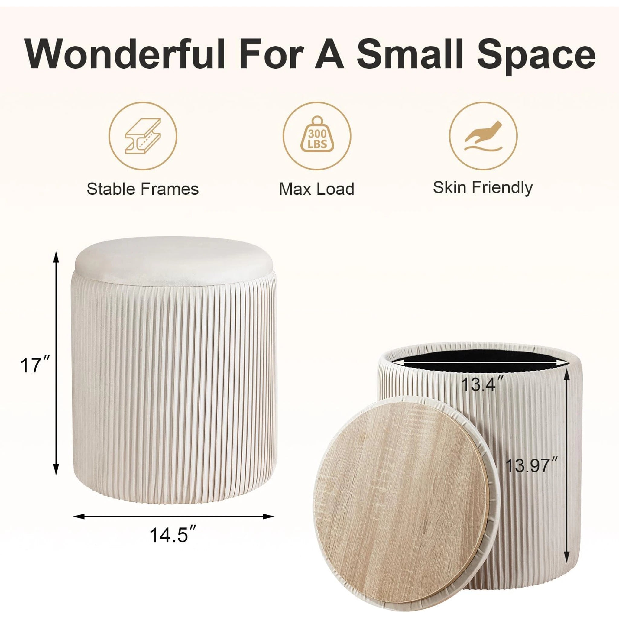 Joveco Beige Tray-Top Lift-Top Corduroy Round Storage Ottoman – dimensions chart