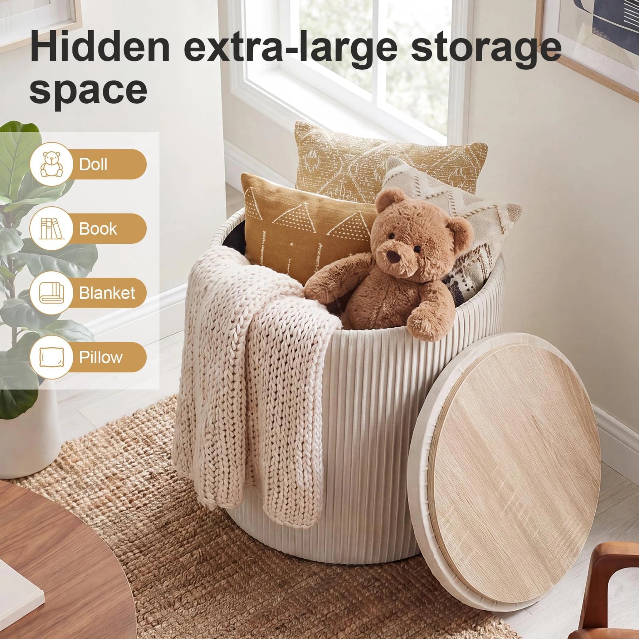 Joveco Beige Tray-Top Lift-Top Corduroy Round Storage Ottoman – detail and materials view