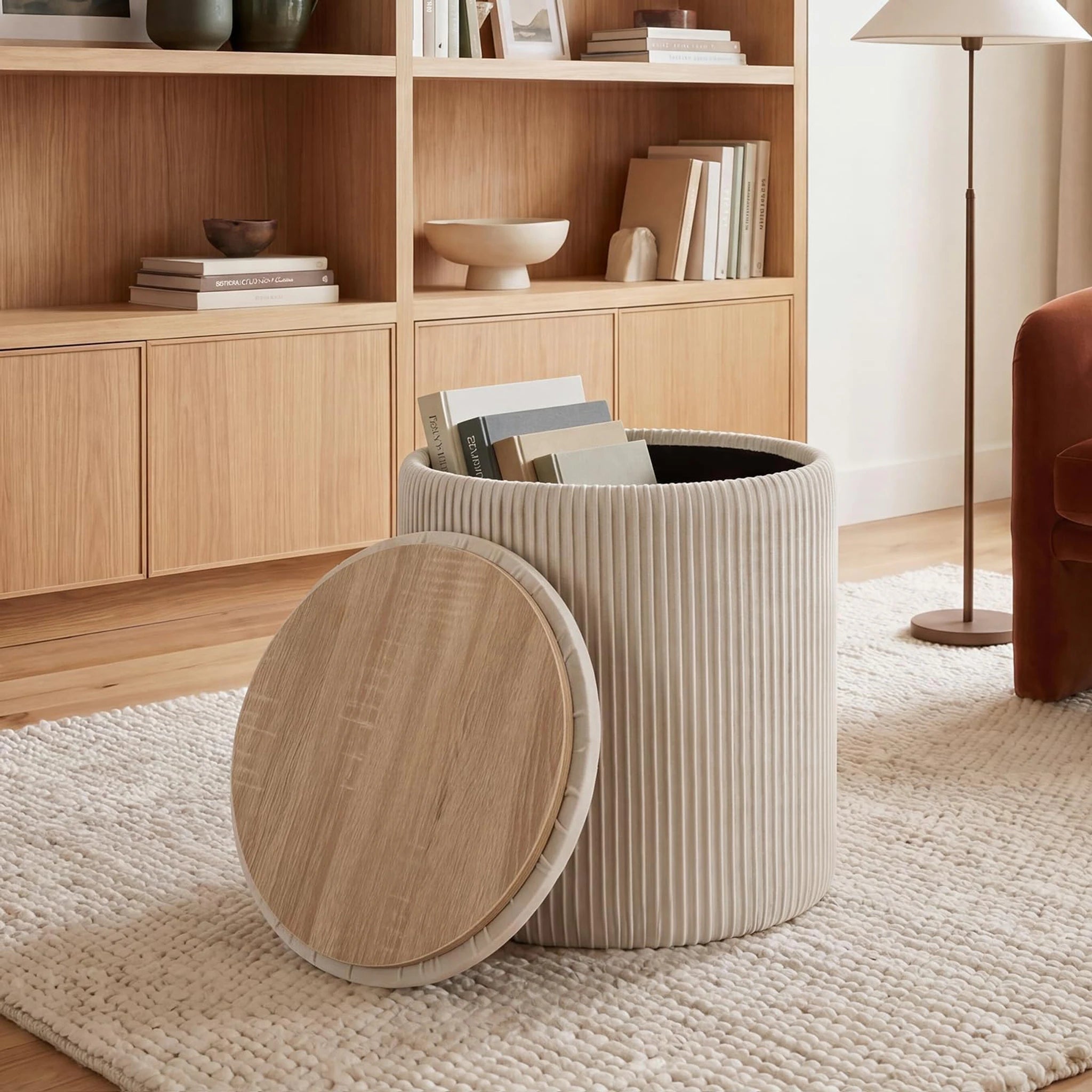 Joveco Beige Tray-Top Lift-Top Corduroy Round Storage Ottoman – lifestyle room view