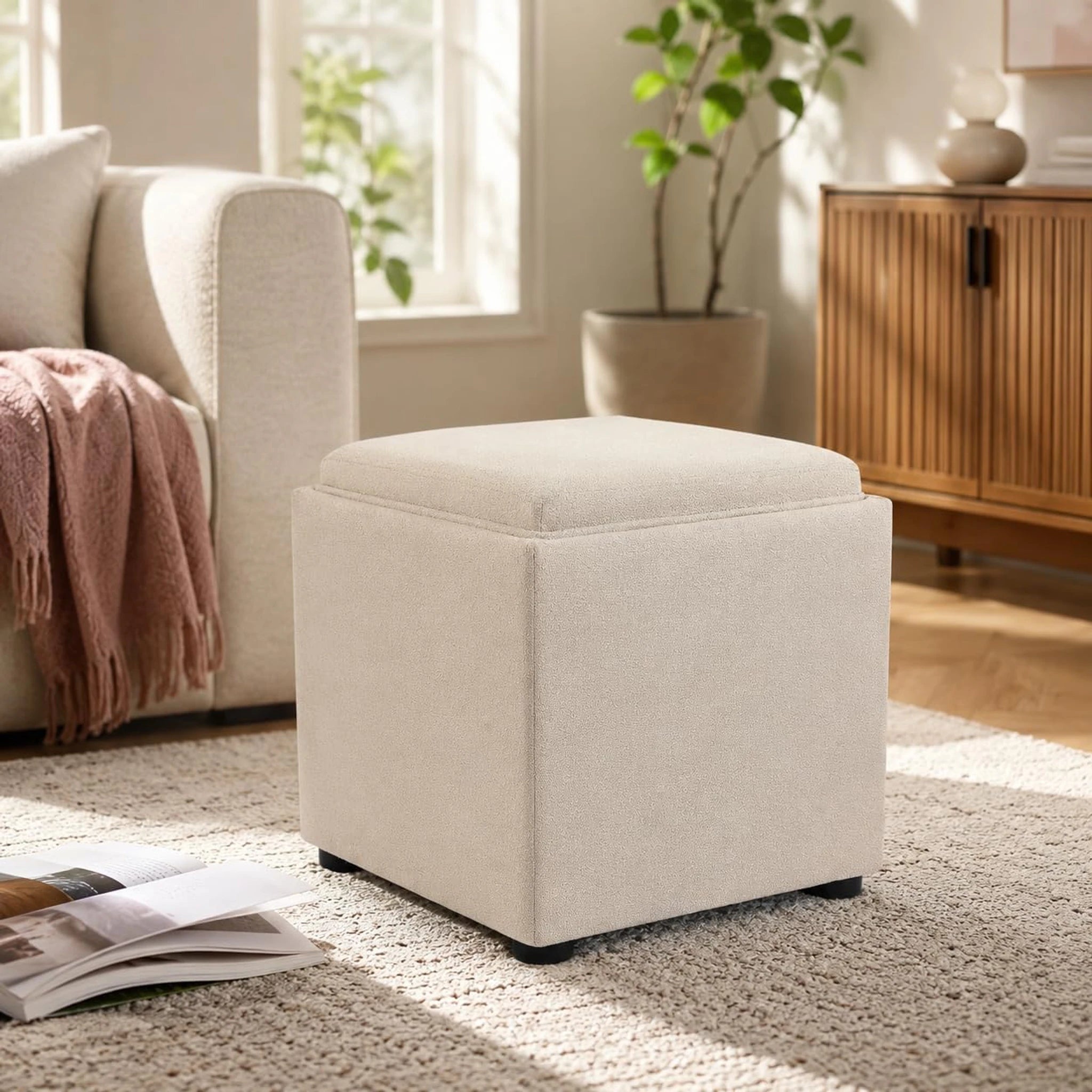 Joveco Beige Tray-Top Linen Square Storage Ottoman – styled home scene