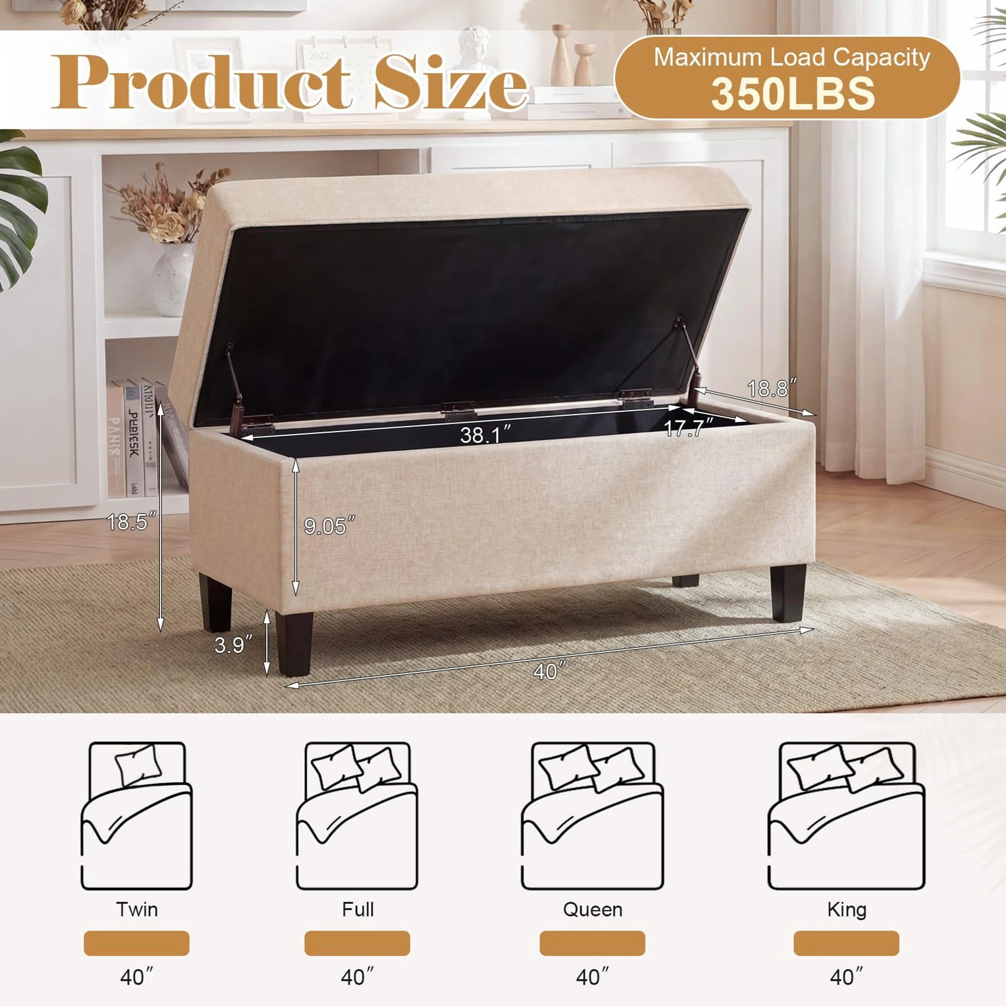 Joveco Beige Tufted Linen Storage Ottoman – dimensions chart