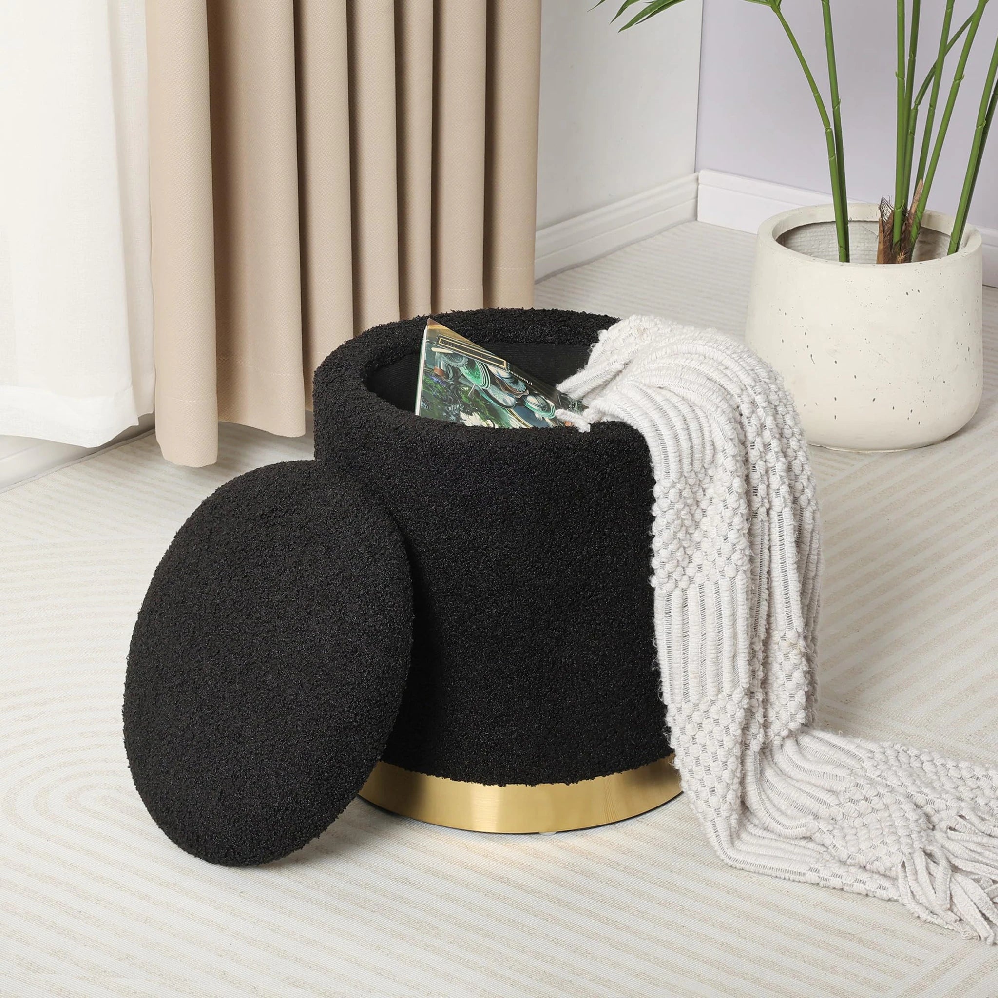 Joveco Black Boucle Round Storage Ottoman – styled home scene